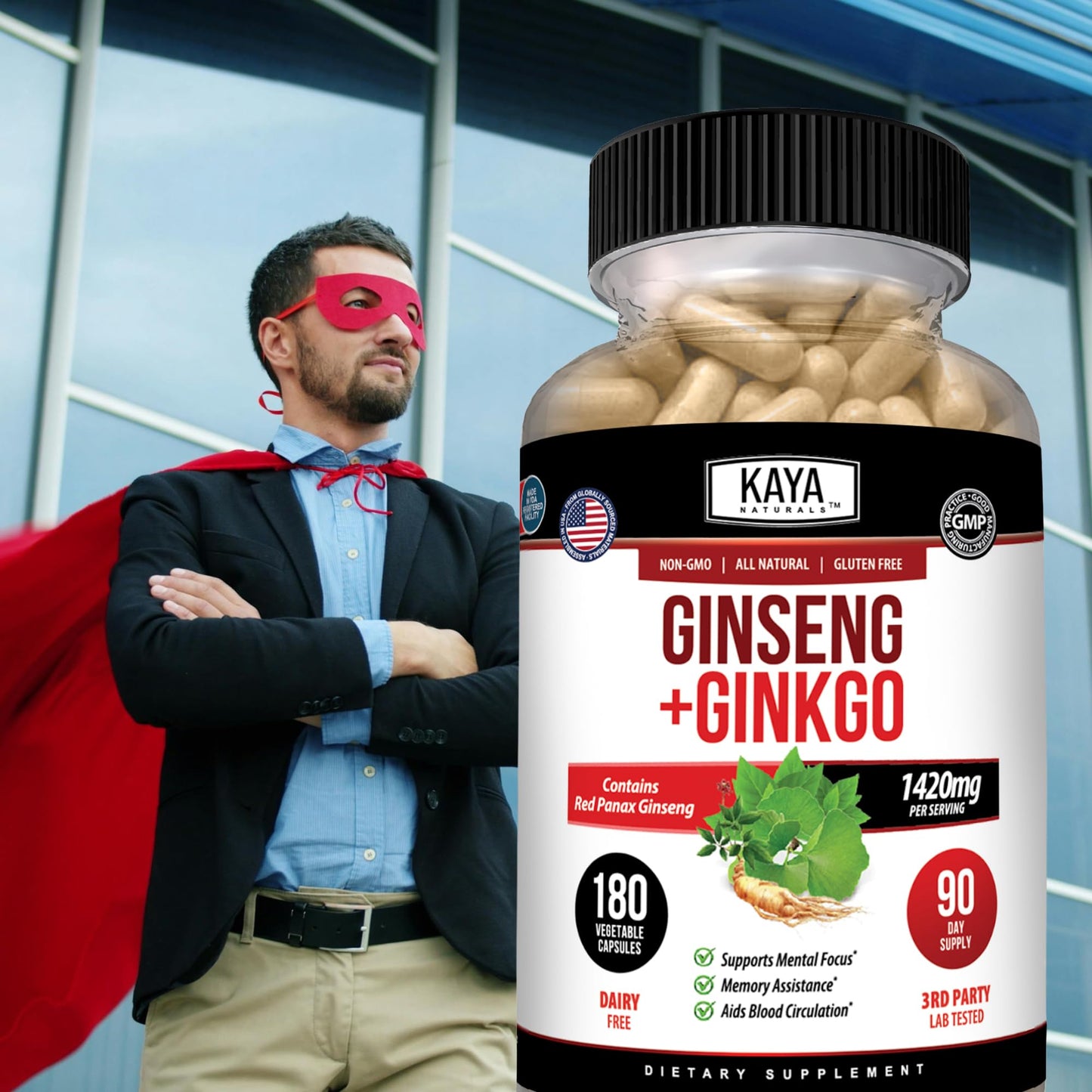 Kaya Naturals Ginkgo Biloba with Red Panax Ginseng Capsules, 180 Capsules