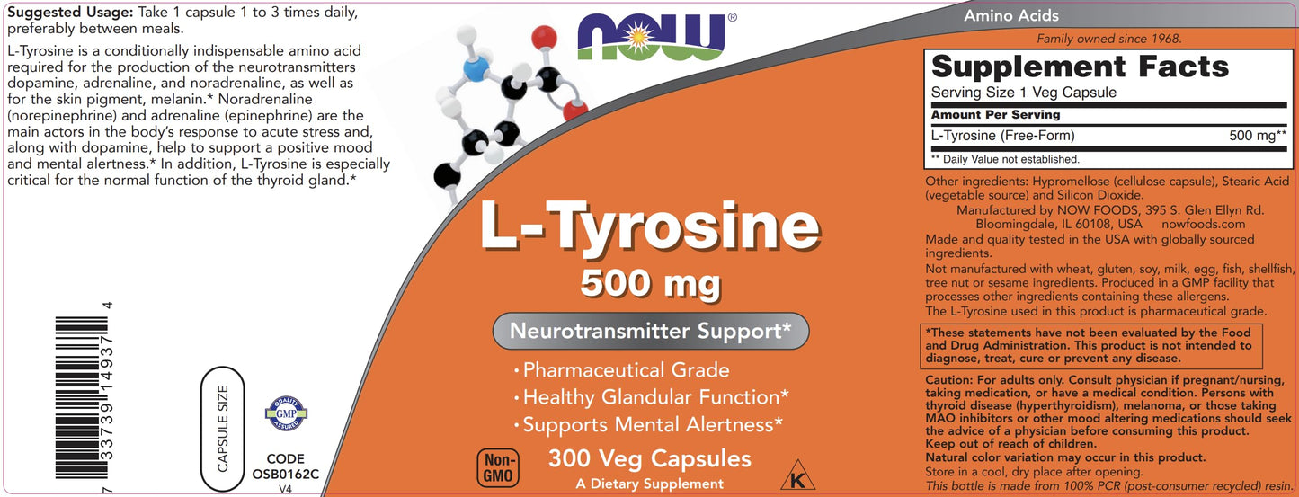 NOW Foods L-Tyrosine 500mg, 600 Capsules
