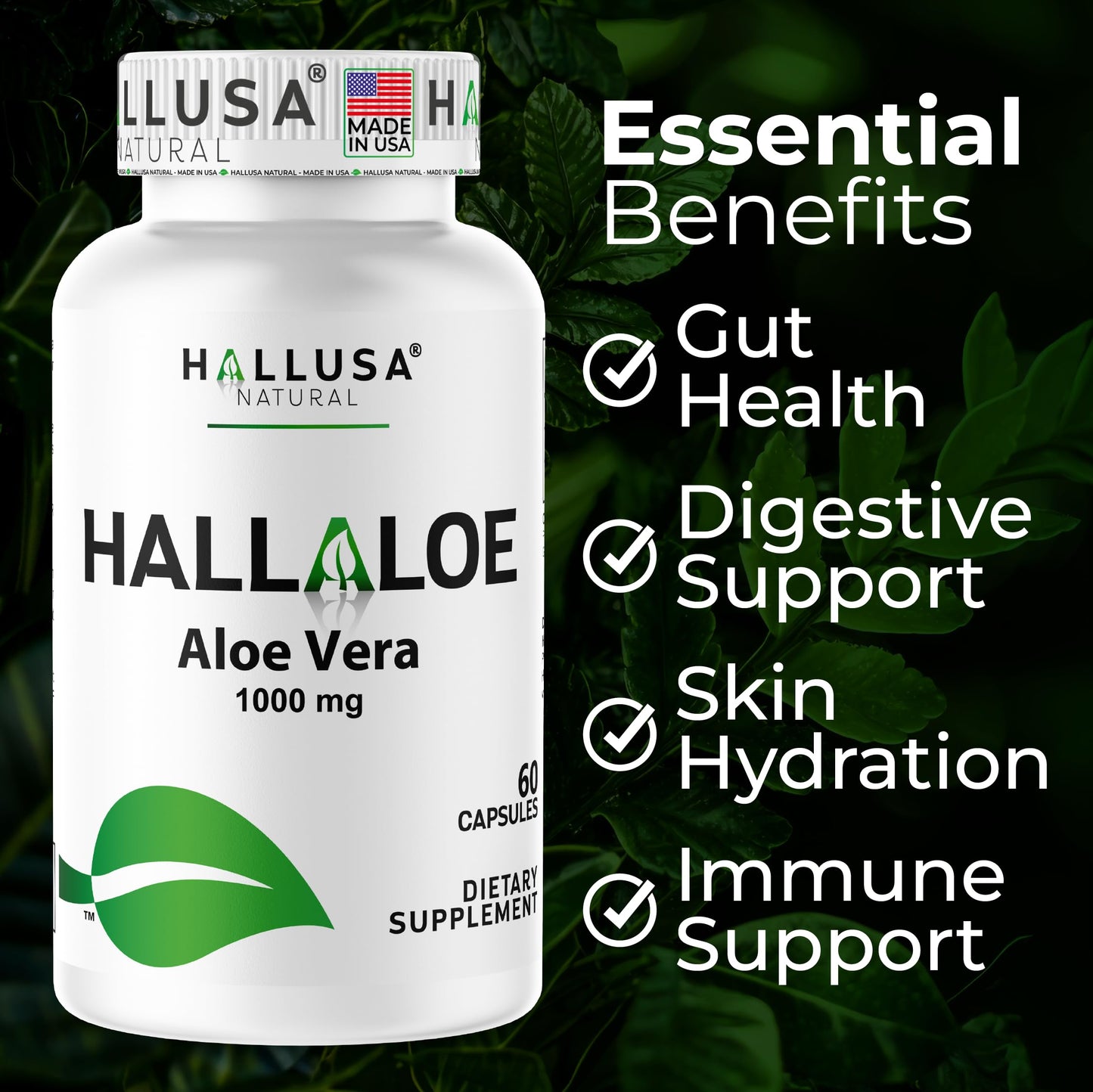 Hallusa Natural HallAloe Aloe Vera Supplement Capsules, 1000mg per Serving, 60 Count