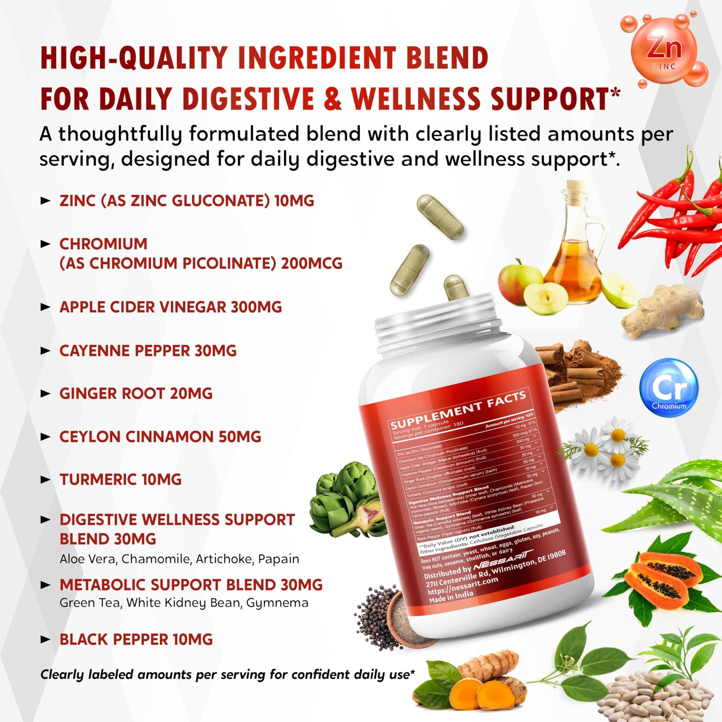 NESSARIT Apple Cider Vinegar with Cayenne Pepper, Ginger, Cinnamon & Turmeric Capsules, 180 Count