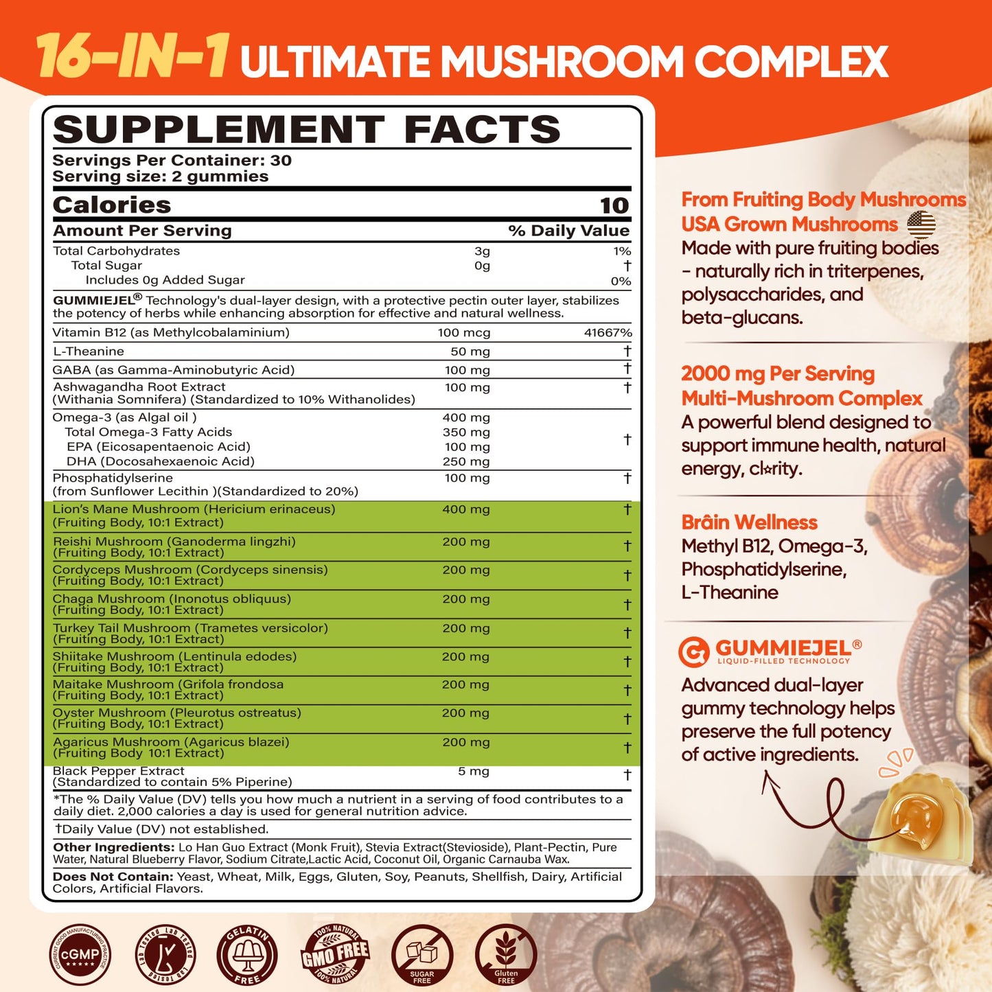 EnvyCure 16-in-1 Mushroom Gummies with Lion's Mane, Reishi, Chaga, L-Theanine, GABA, 60 Gummies