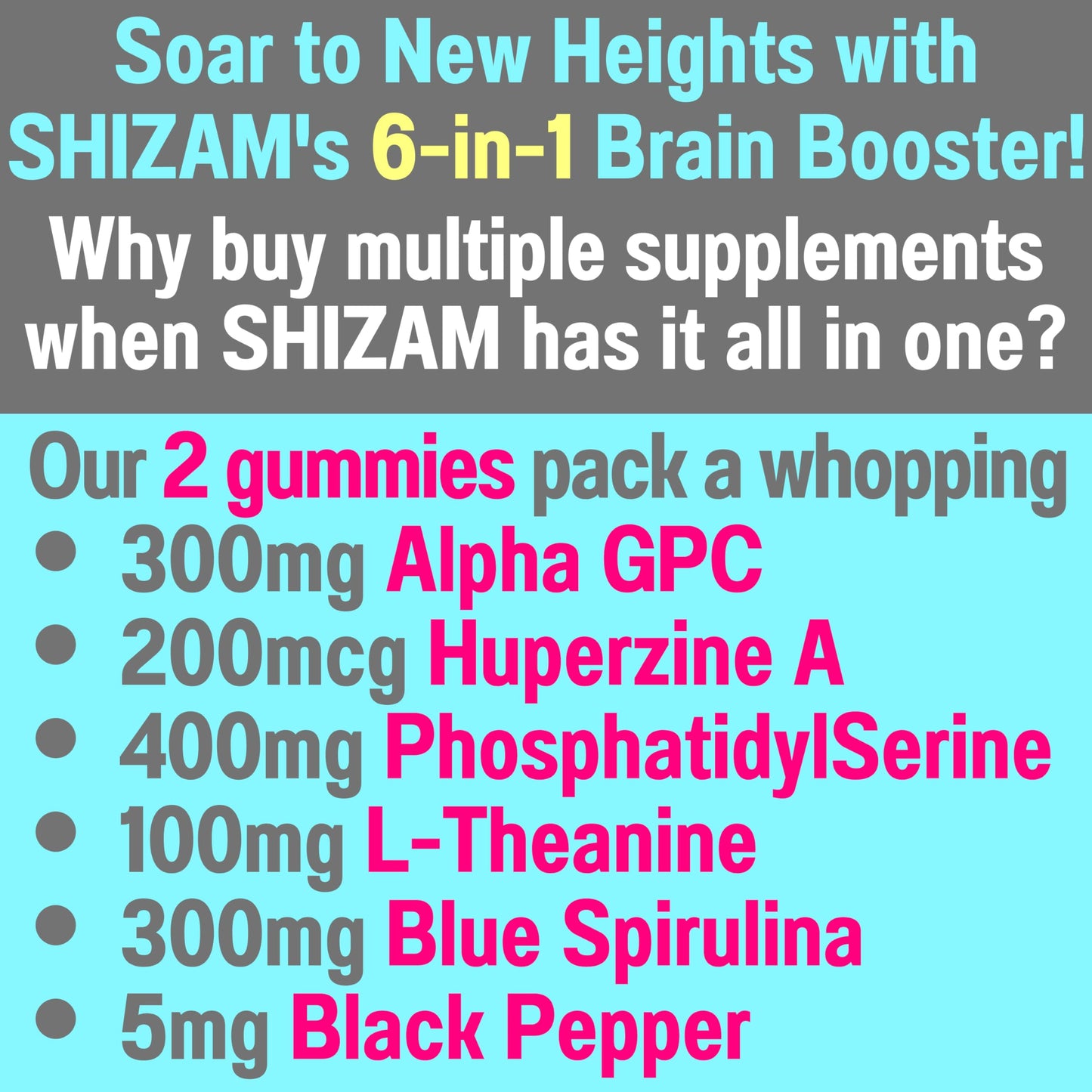 SHIZAM Alpha GPC Huperzine A Phosphatidylserine L-Theanine Blue Spirulina Bioperine Gummies, 60 Count