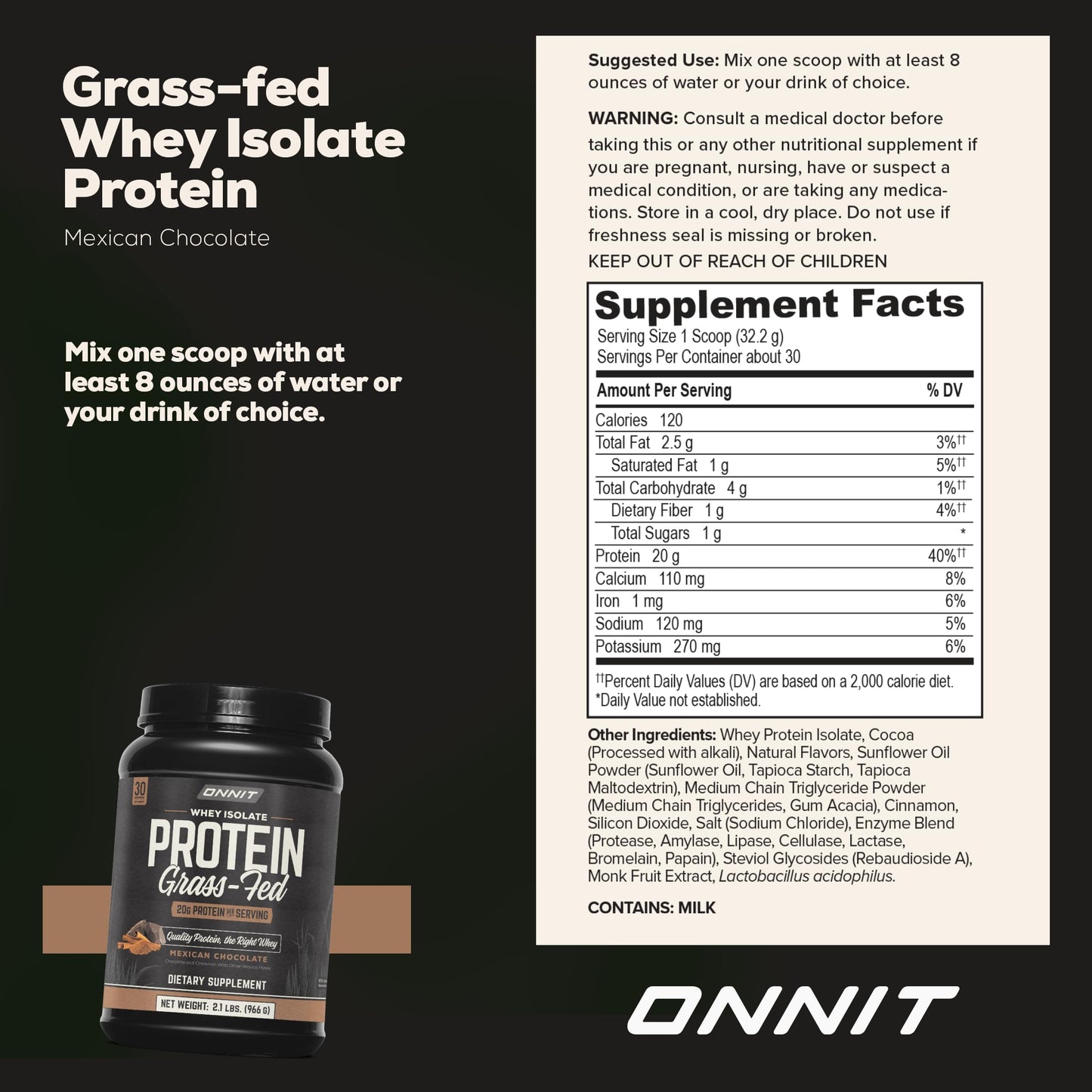 ONNIT Grass Fed Whey Isolate Protein Powder, 30 Servings per Tub