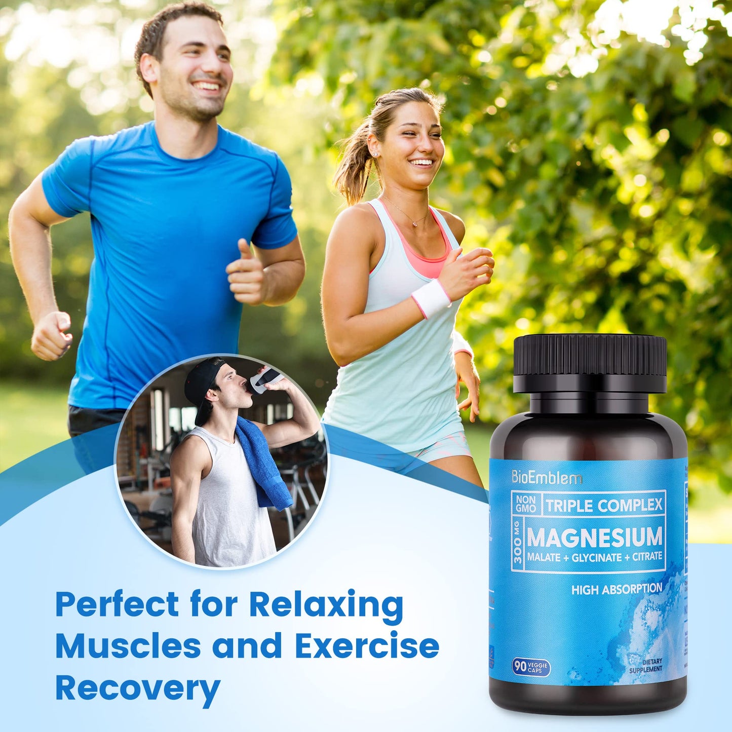 BioEmblem High Absorption Triple Magnesium Complex 300mg Magnesium Glycinate for Nerves, Malate for Energy, Magnesium Supplement to Support Muscle Health, Vegan, Non-GMO, 180 Capsules