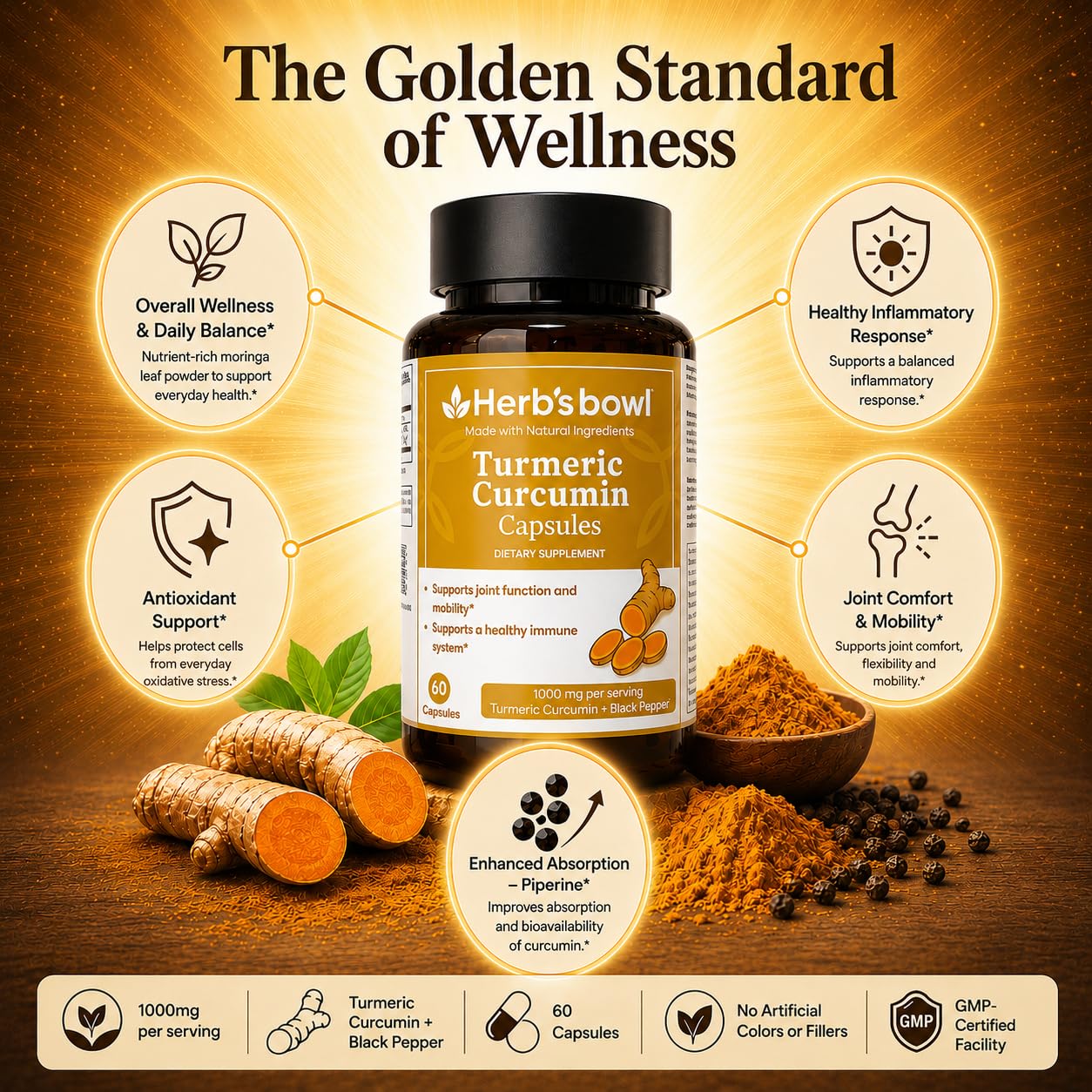 Herb'sbowl Turmeric Curcumin with Black Pepper Capsule, 60 Capsules