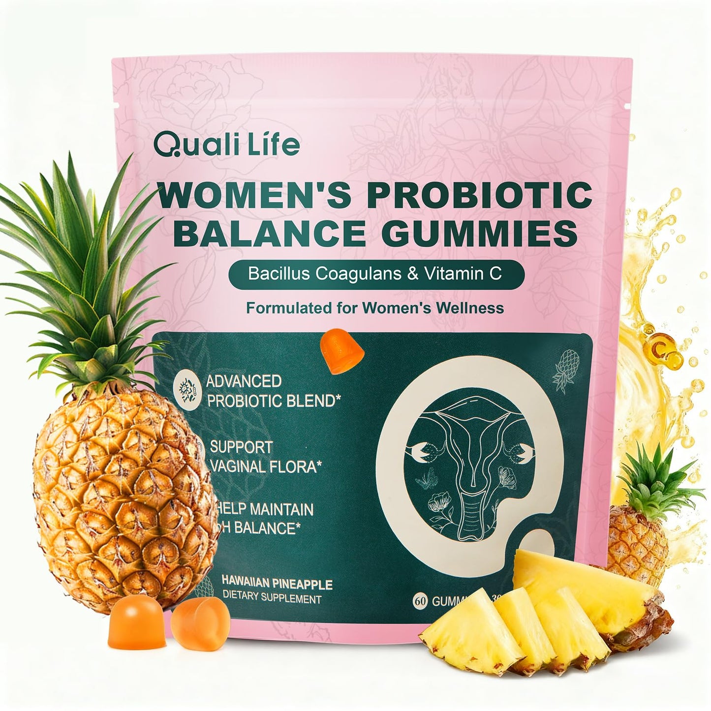QualiLife Premium Feminine Balance Gummies for Women – Probiotic Vaginal Health Support with Vitamin C – pH Balance & Flora Support – Sugar Free, Vegan, Hawaiian Pineapple Flavor – 60 Gummies