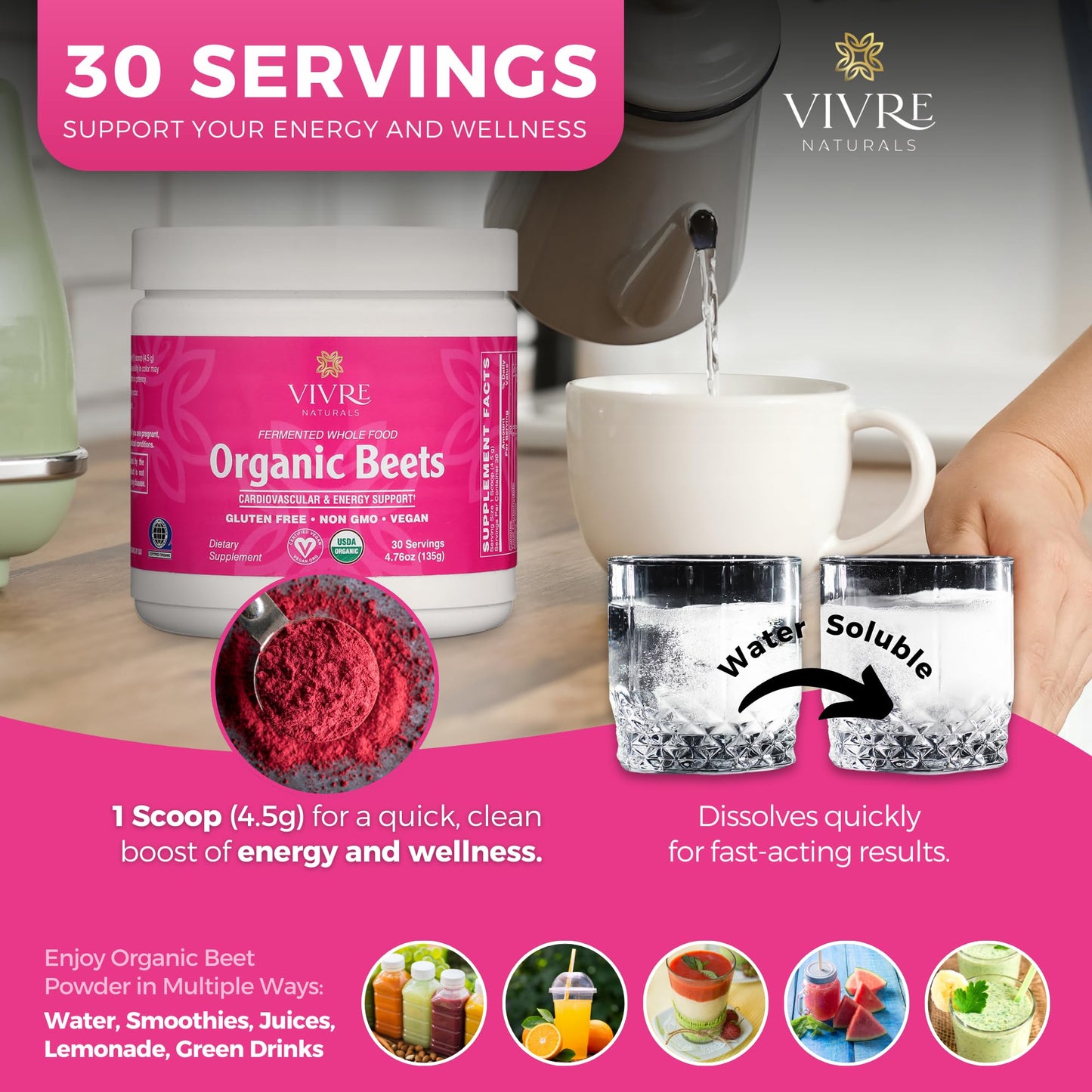 Vivre Naturals Fermented Whole Food Organic Beet Powder, 30 Servings