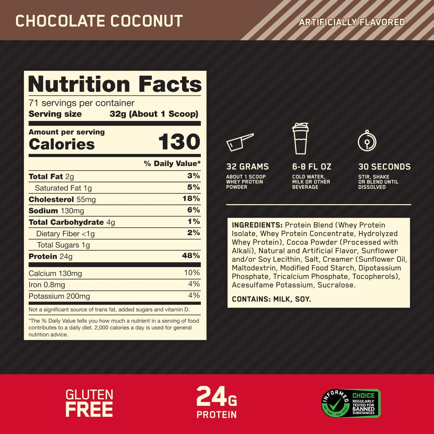 Optimum Nutrition Gold Standard 100% Whey Protein Powder Chocolate Coconut, 80 Servings, 5 Pound
