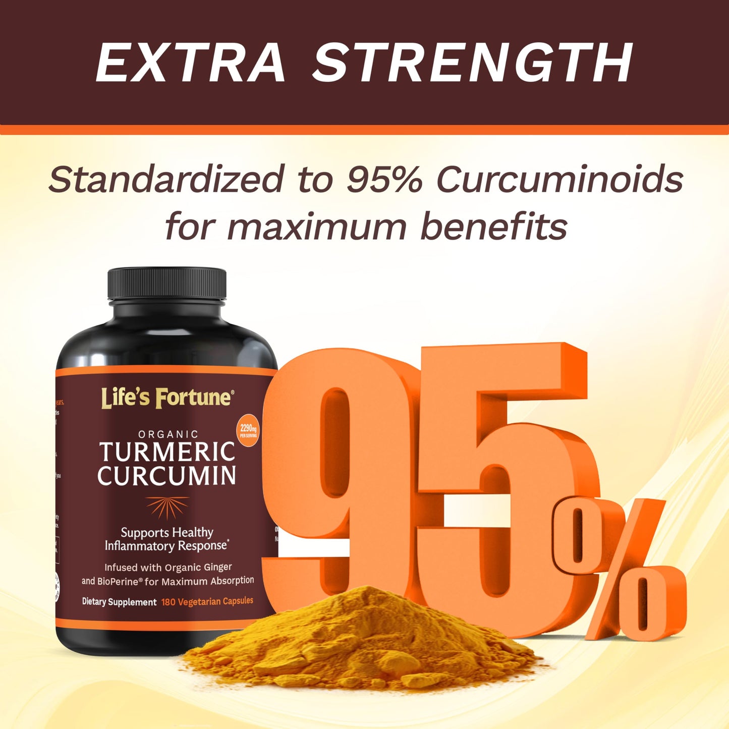 Life's Fortune Organic Turmeric Curcumin with Black Pepper and Ginger, Enhanced Absorption, Extra Strength, Joint & Immune Support, 180 Capsules
