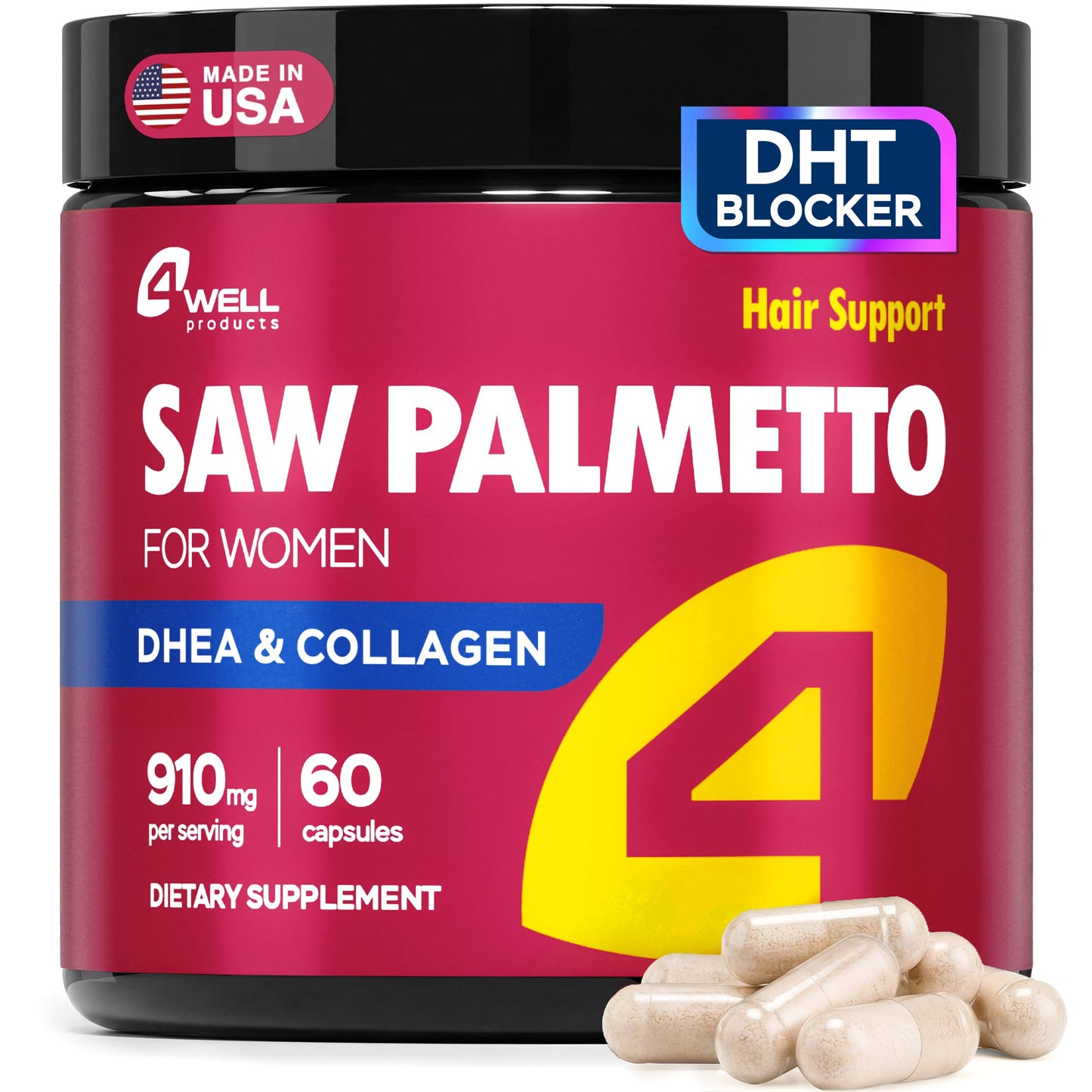 4Well Products Saw Palmetto for Women 900mg DHT Blocker for Hair Growth with DHEA & Collagen Peptides 60 Capsules