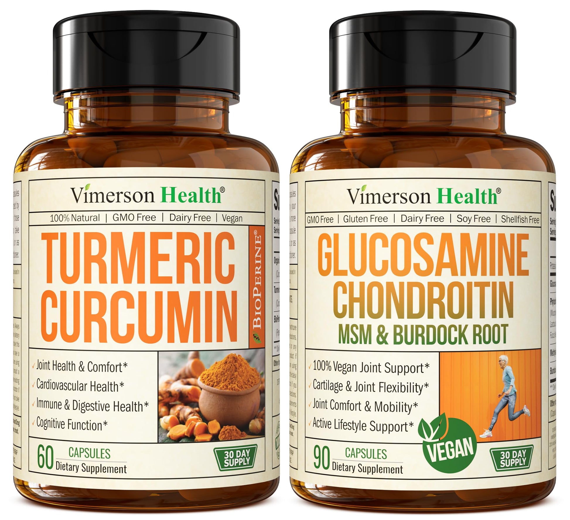Vimerson Health Turmeric Curcumin with Black Pepper Extract & Vegan Glucosamine Chondroitin MSM Joint Support Supplement Powder 2-Count