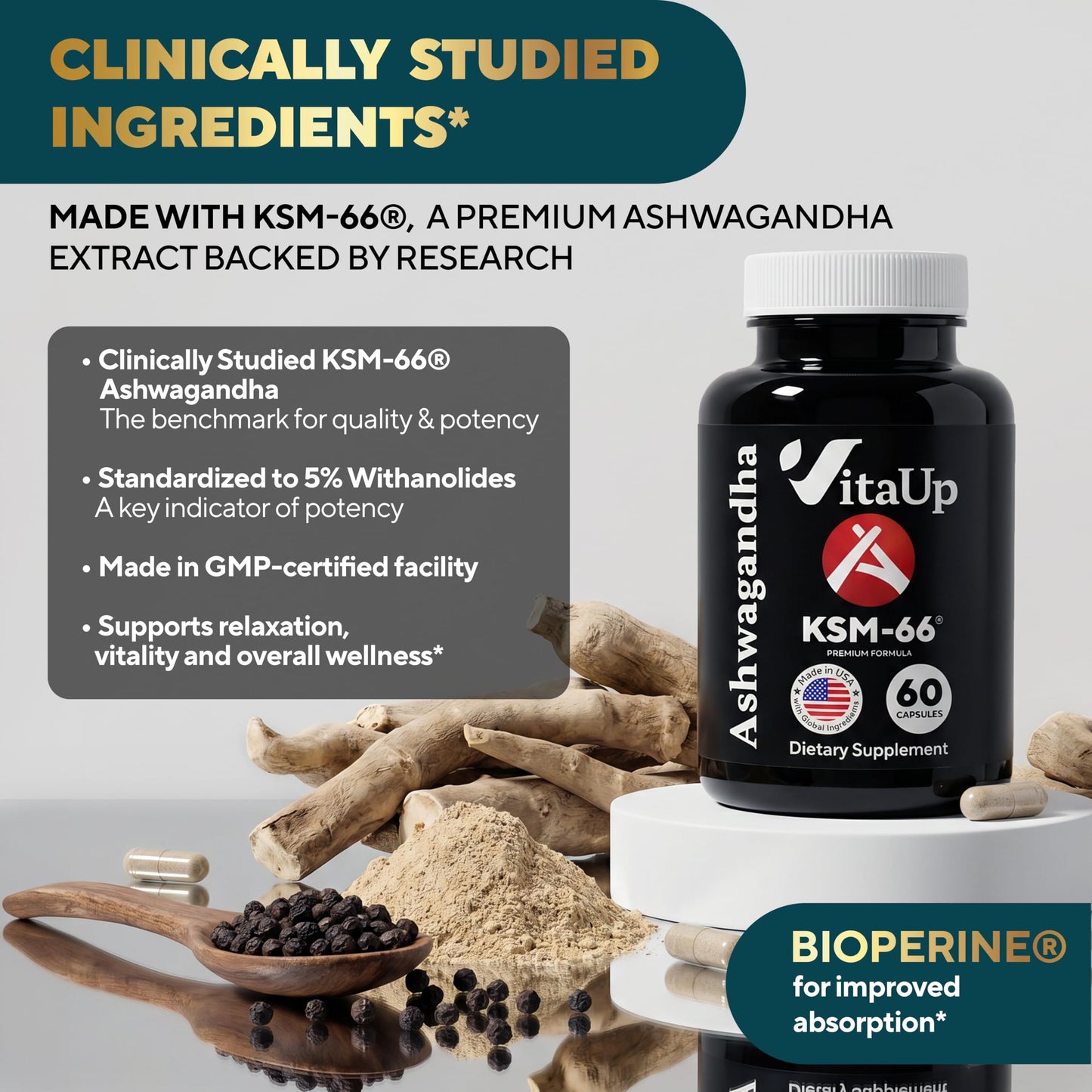 VitaUp Ashwagandha KSM 66 with Black Pepper Capsule, 60 Capsules