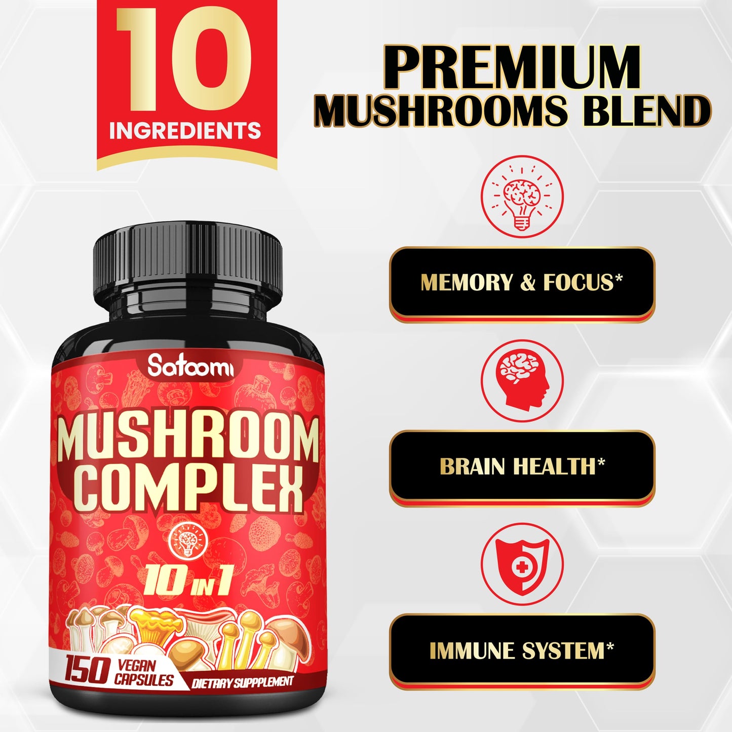 Satoomi 10in1 Mushroom Complex Supplements Capsules, 150 Capsules