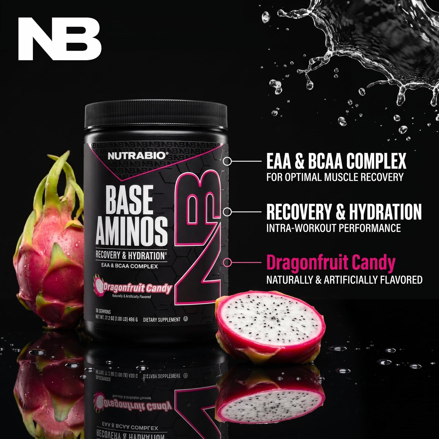 NutraBio Base Aminos EAA + BCAA Powder Dragon Fruit Candy 16 oz
