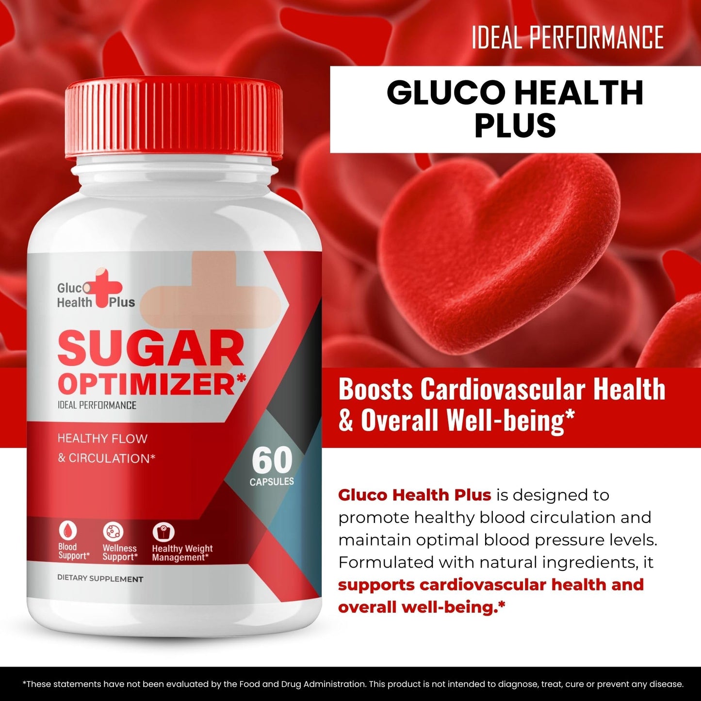 IDEAL PERFORMANCE Gluco Health Plus Blood Formula Support Supplement Capsules, 120 Capsules