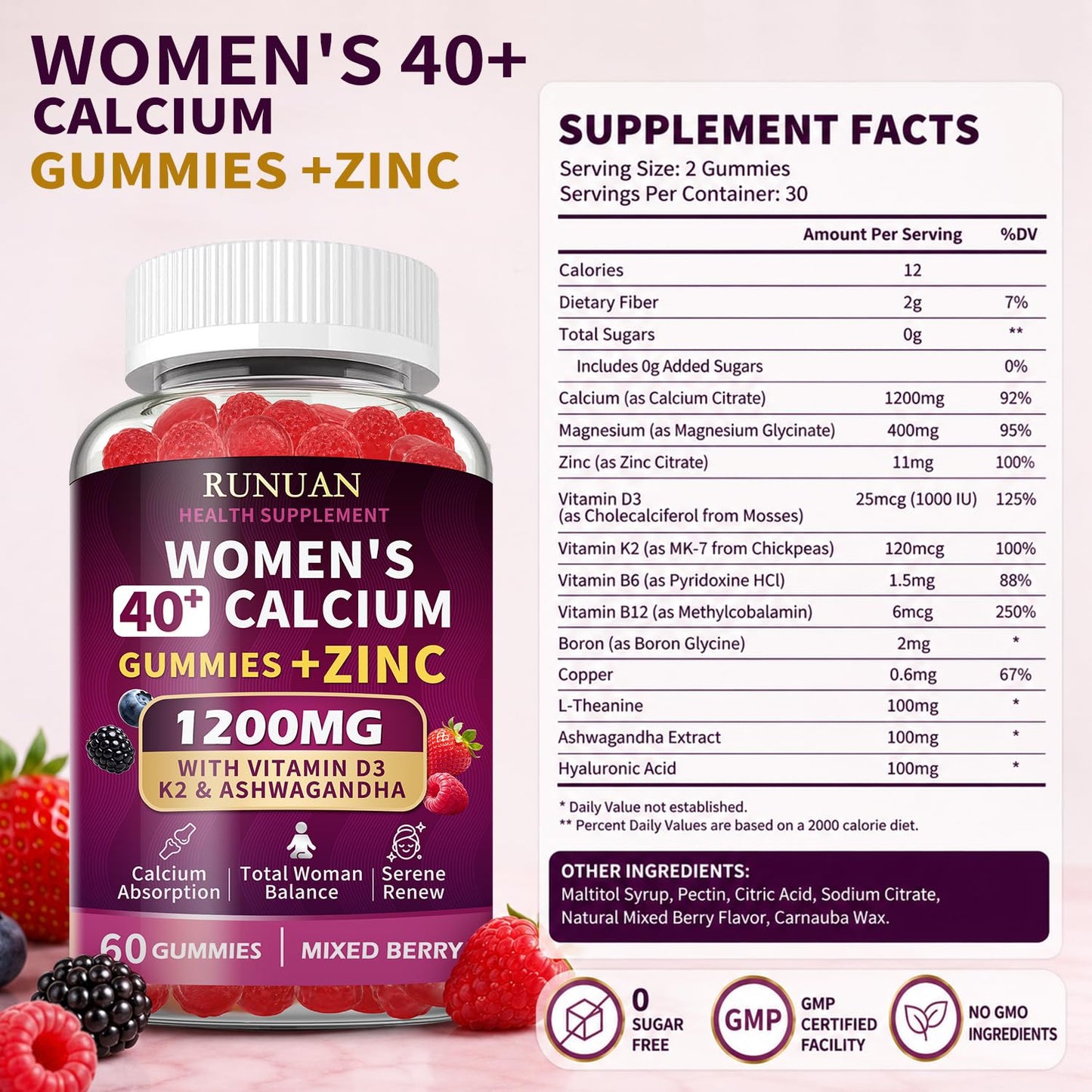 RUNUAN 40+ Women's Calcium Citrate Gummies 1200mg with Magnesium Zinc D3 K2 B12 B6, 120 Gummies