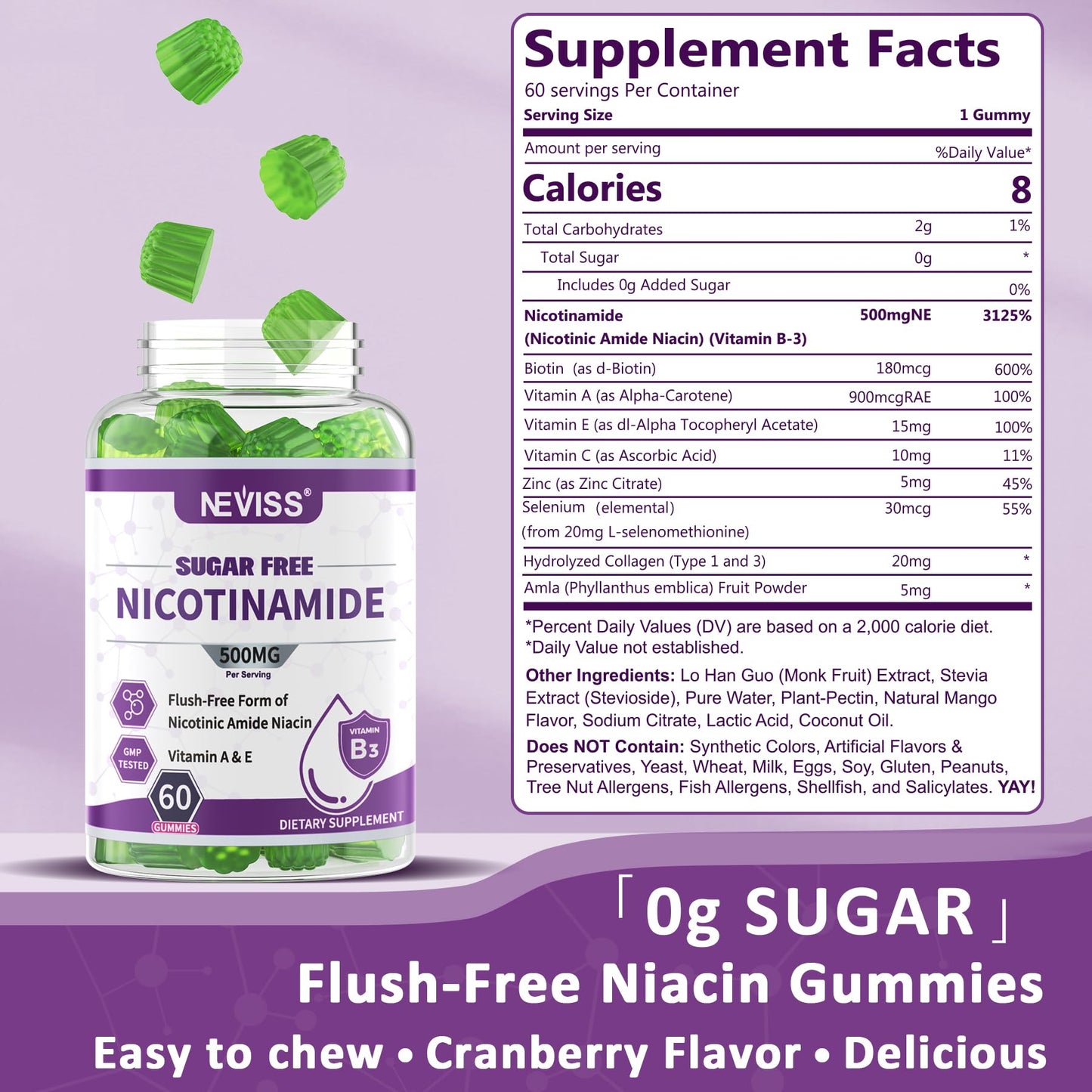 NEVISS Nicotinamide 500mg Gummies, 60 Count