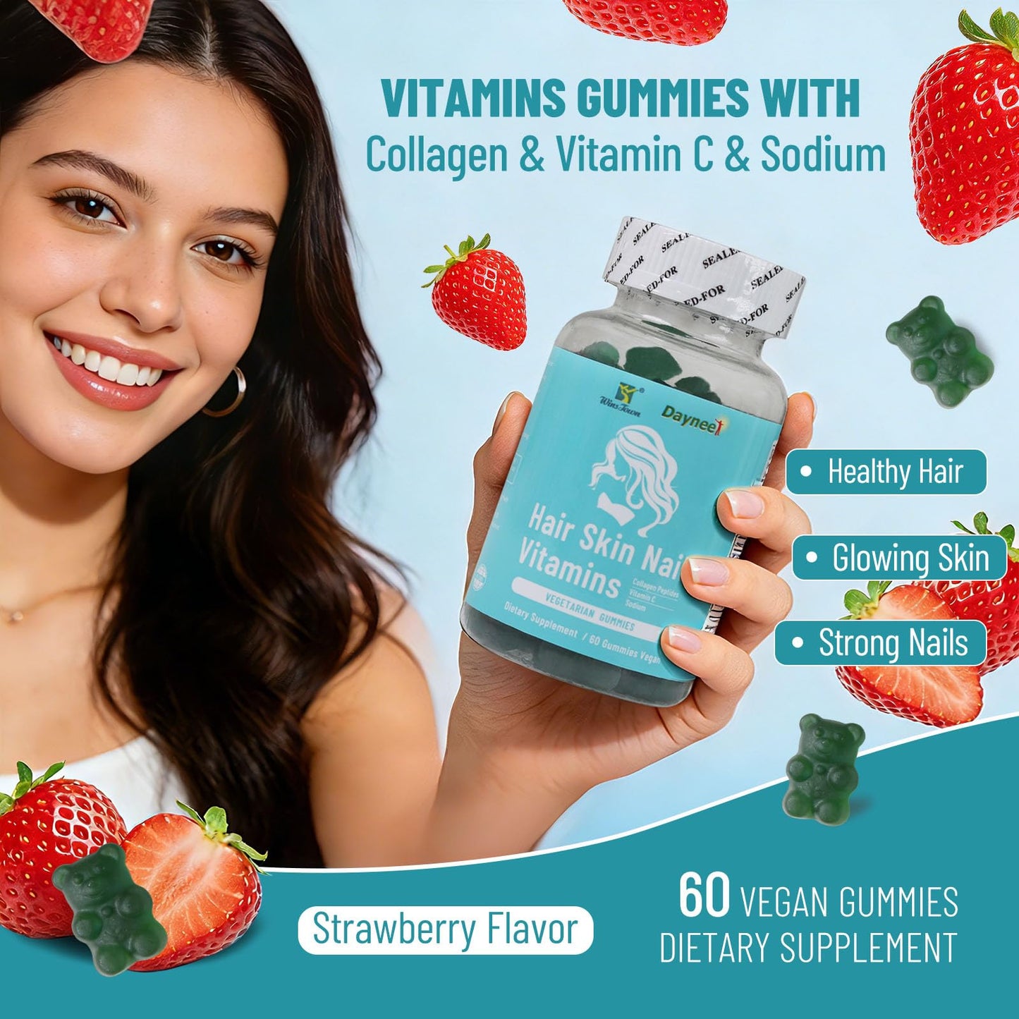 Wins Town Hair Skin Nails Vitamins Gummies with Collagen, Vitamin C, Sodium, 60 Gummies