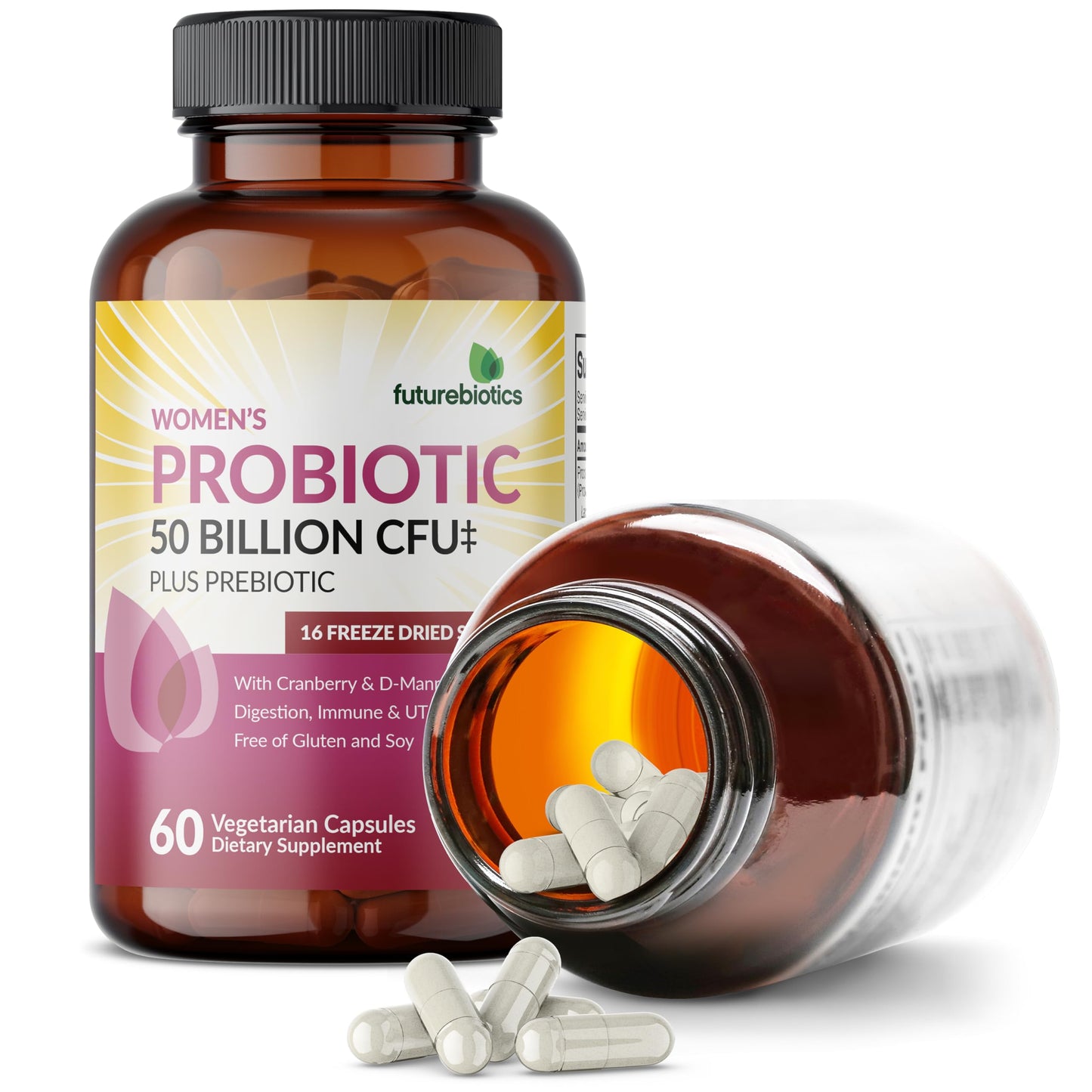 Futurebiotics Women's Probiotic 50 Billion CFU + Prebiotic with Cranberry & D-Mannose, Digestion Immune and Urinary Tract Support, Non-GMO, 60 Capsules