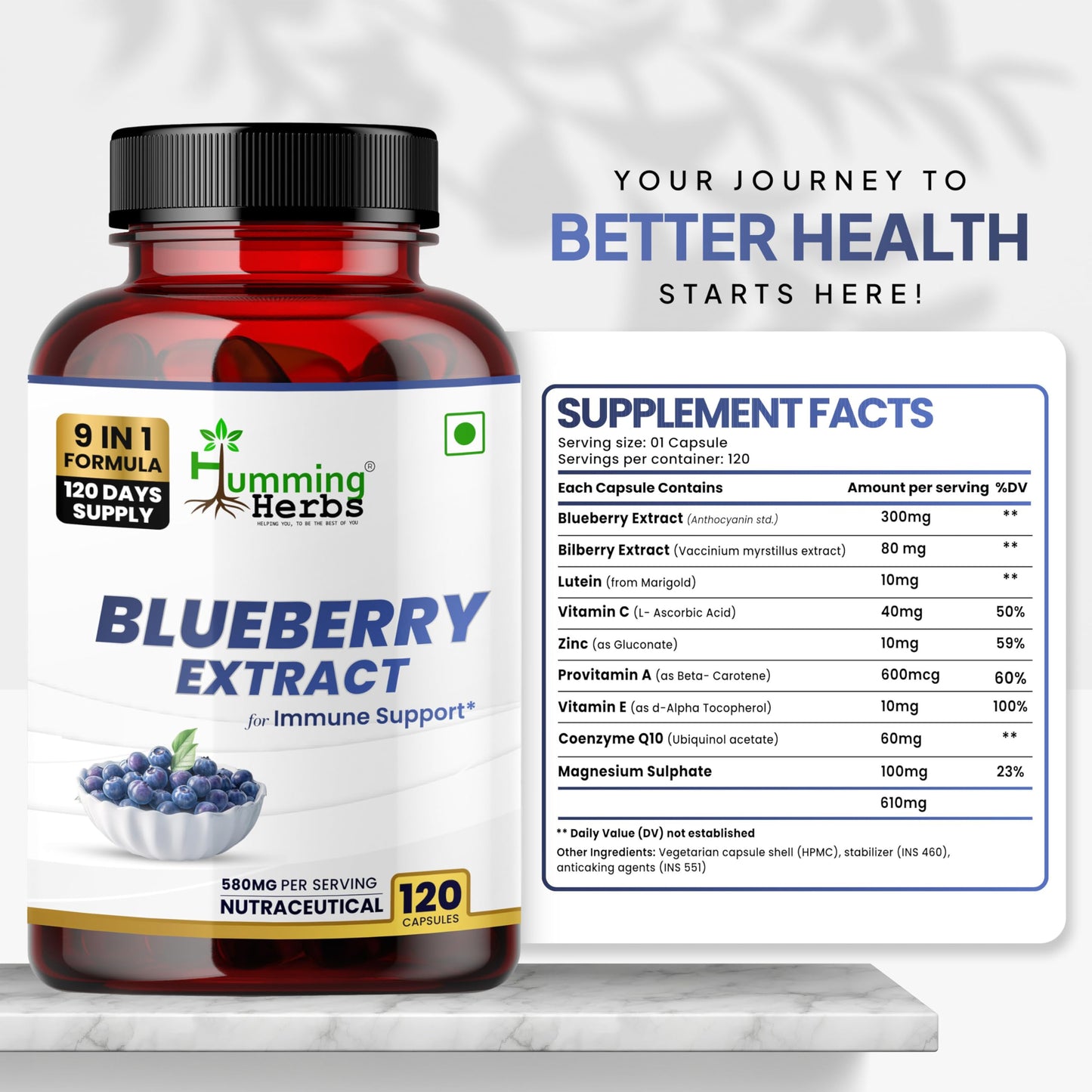 Humming Herbs Blueberry & Bilberry Extract Capsules, 120 Count