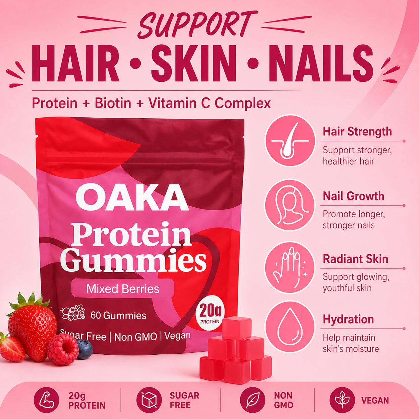 ipxkwll OAKA Protein Gummies, 60 Gummies