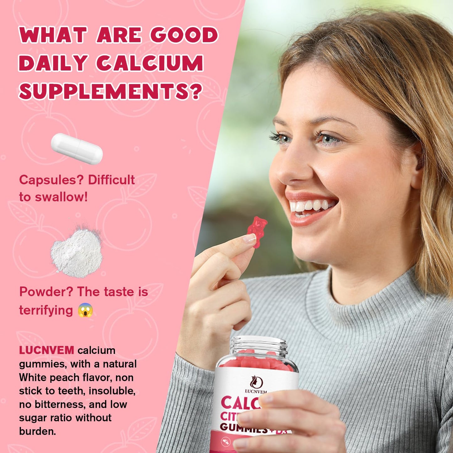 LUCNVEM Calcium Citrate 1200mg with Vitamin D3 Gummies Peach Flavor, 180 Gummies