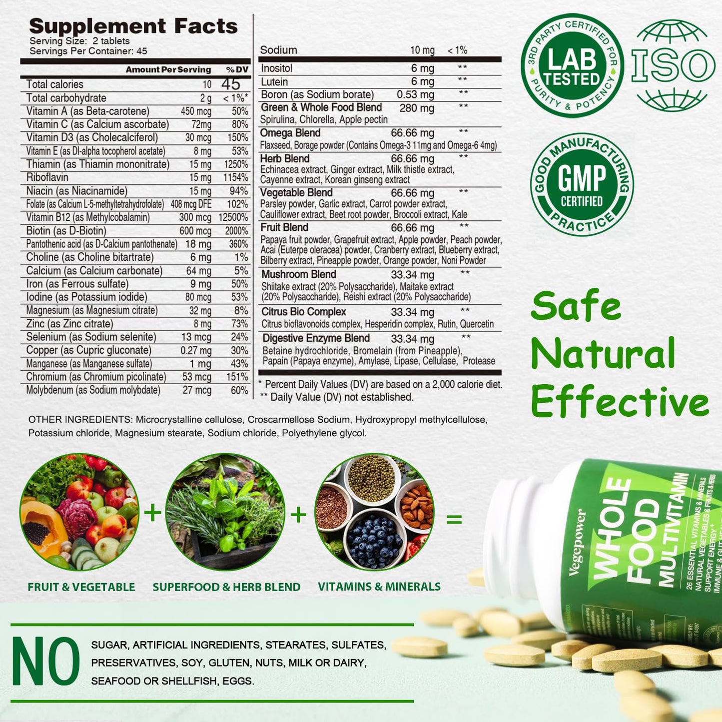 VEGEPOWER Vegan Whole Food Multivitamin with Iron, Daily Multivitamin for Men and Women, Methylated Multivitamins, B-Complex, Fruits & Vegetables, Enzymes, Omegas, Mushroom, Non-GMO, 90 Tablets