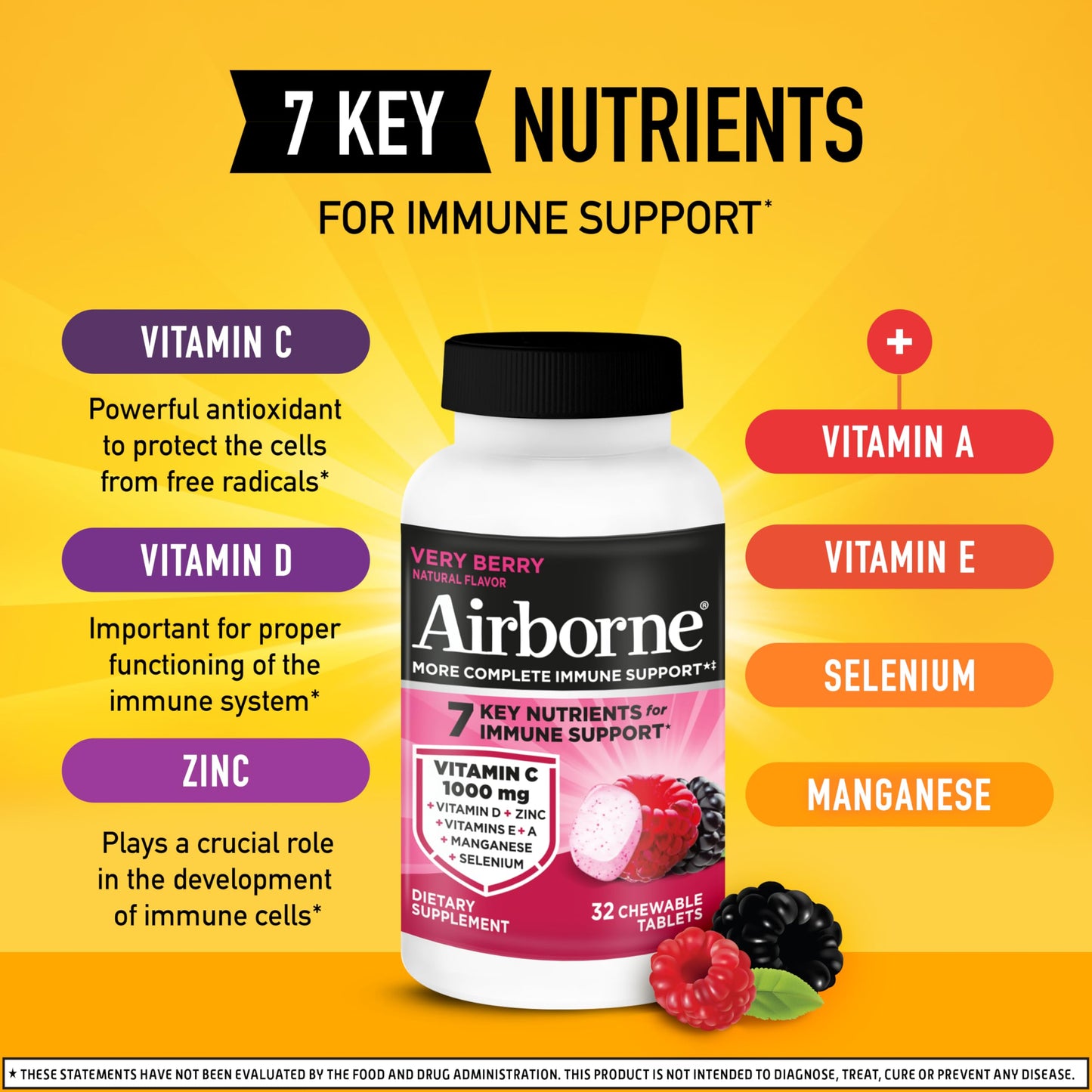 Airborne Very Berry Immune Support Tablets with 1000mg Vitamin C, 32 Count