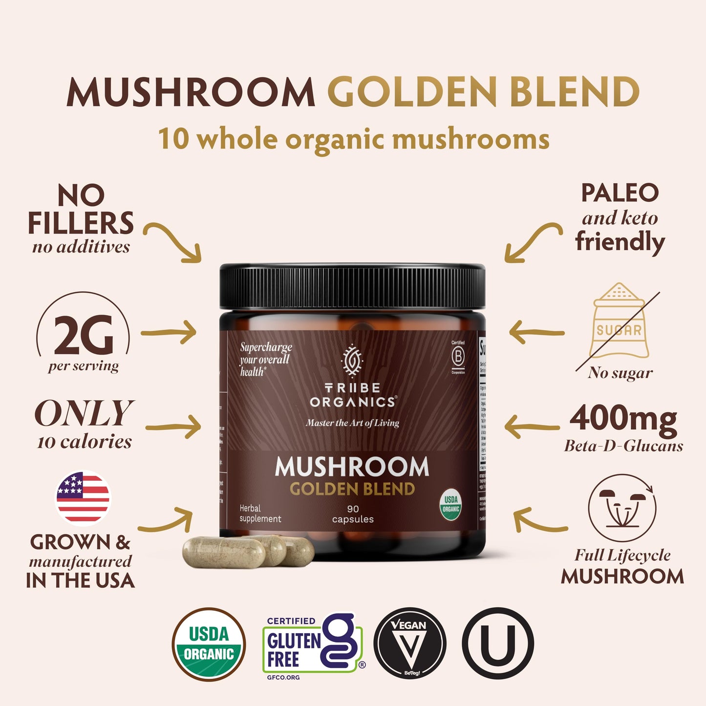 TRIBE ORGANICS Mushroom Golden Blend Vegan Capsules 90 Count