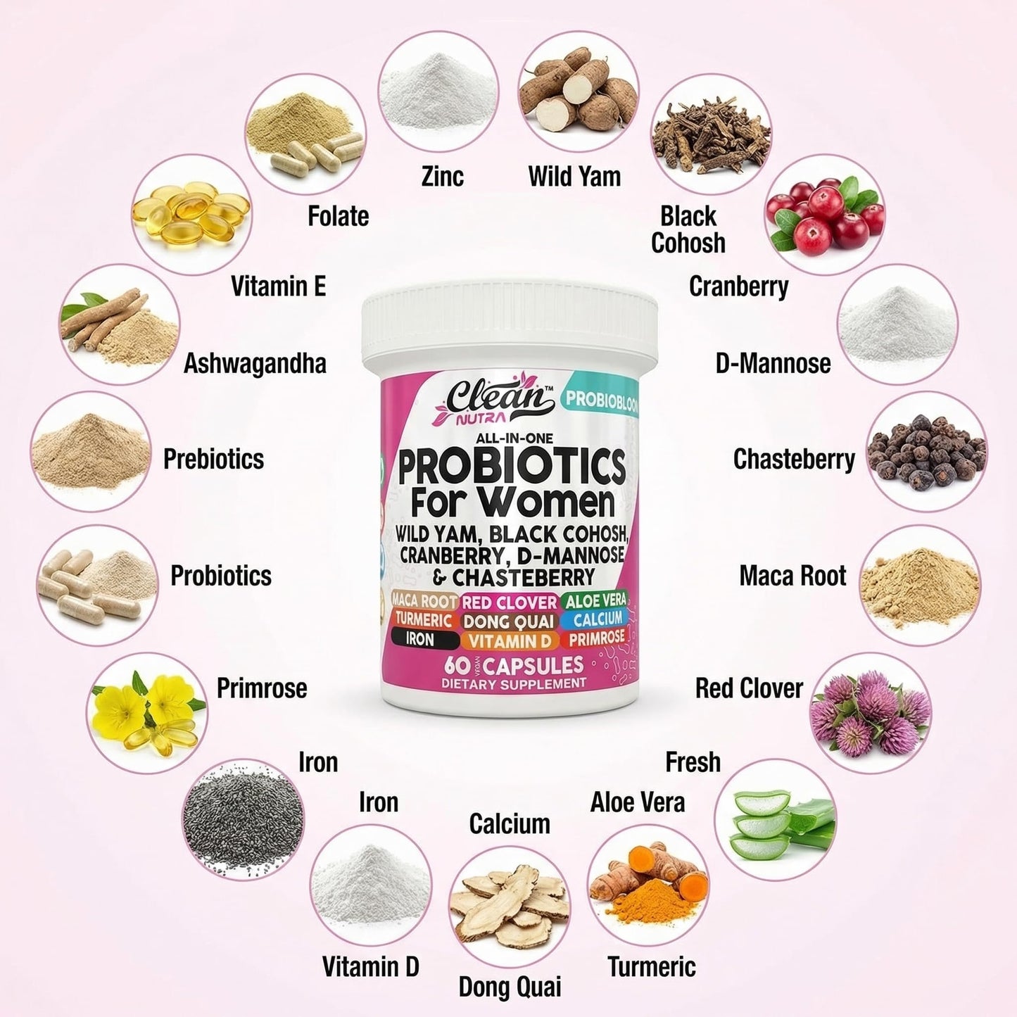 Clean Nutraceuticals Probiotics for Women with D-Mannose, Cranberry Extract, Wild Yam, and Chasteberry, 20 Probiotic and Prebiotic Strains, pH Balance, Digestive Health, 60 Capsules