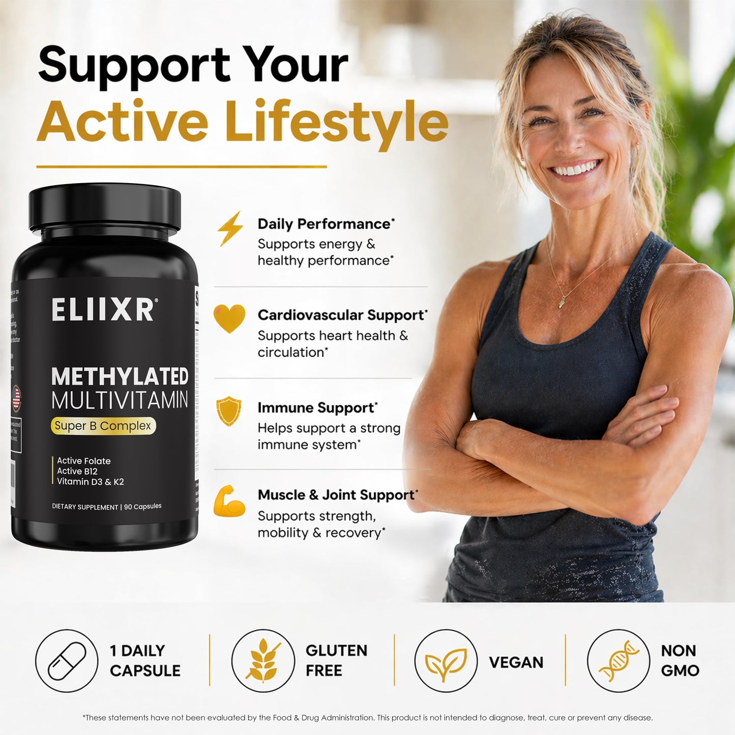 Eliixr Methylated Multivitamin Iron Free – Active B Complex with Methyl B12 & 5-MTHF Folate, CoQ10, Zinc, D3, K2 – Energy, Brain & Metabolism – Daily Vitamin for Men & Women, 90 Capsules
