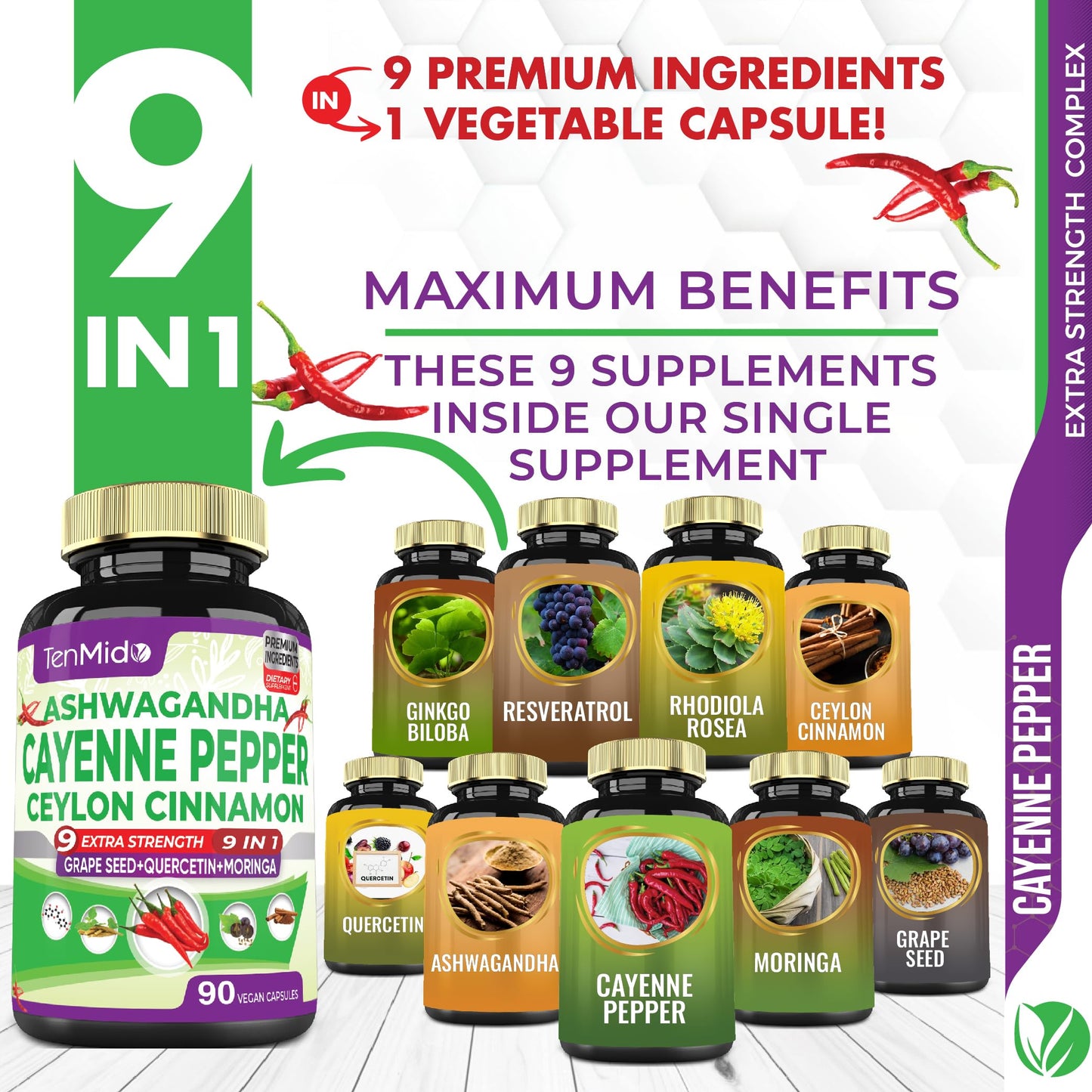 Tenmido Cayenne Pepper Supplements Capsules, 90 Count