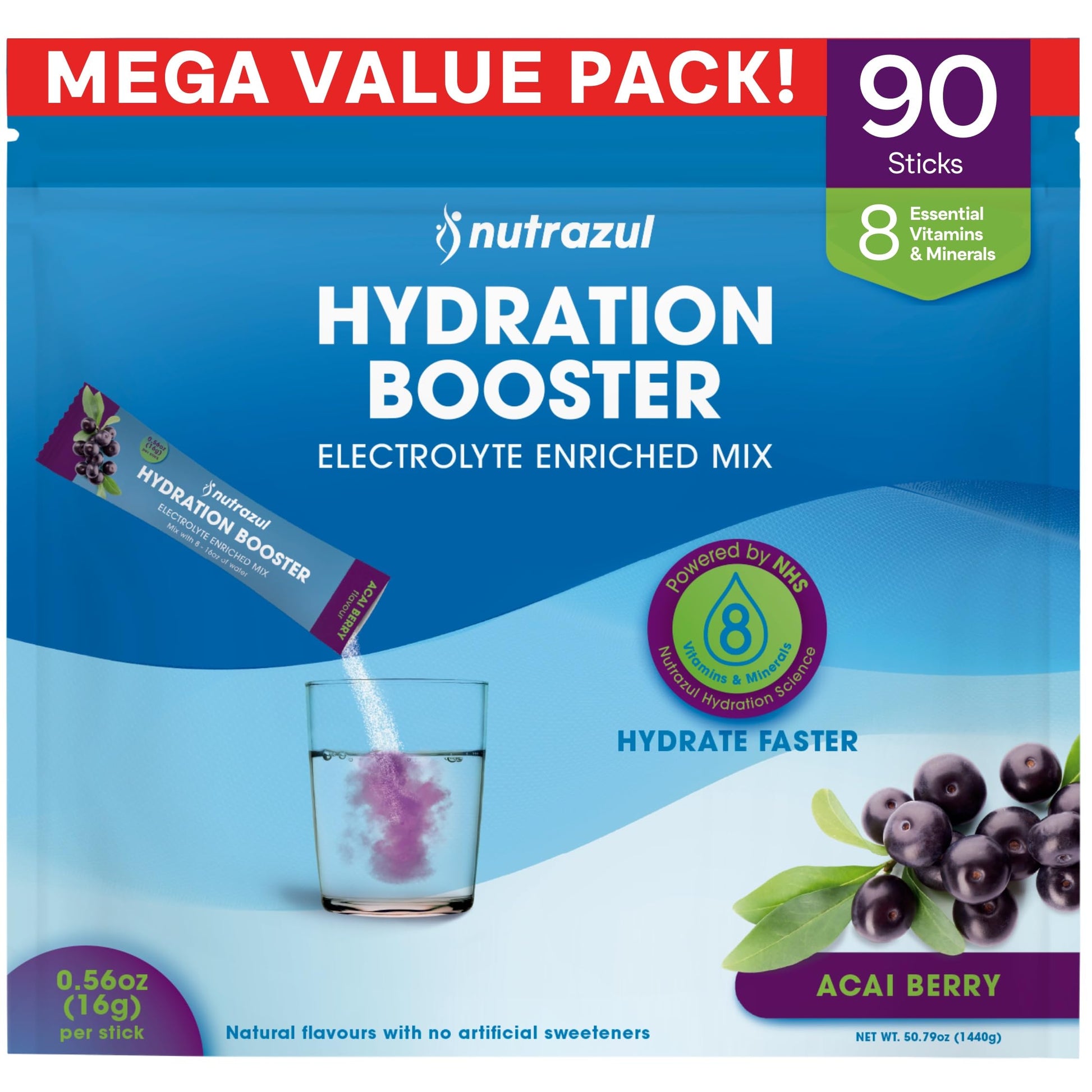 Nutrazul Hydration Booster Electrolytes Acai Berry Flavor Powder Sticks, 90 Sticks