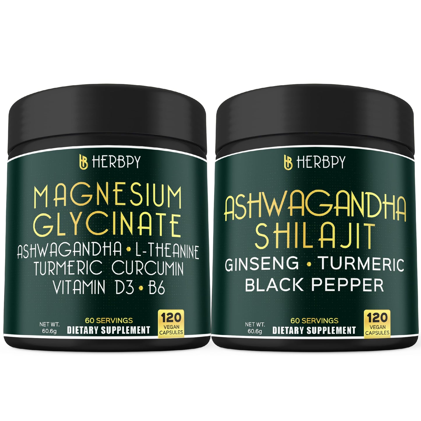 Herbpy Magnesium Glycinate Supplement & Ashwagandha Capsules Bundle, 240 Capsules
