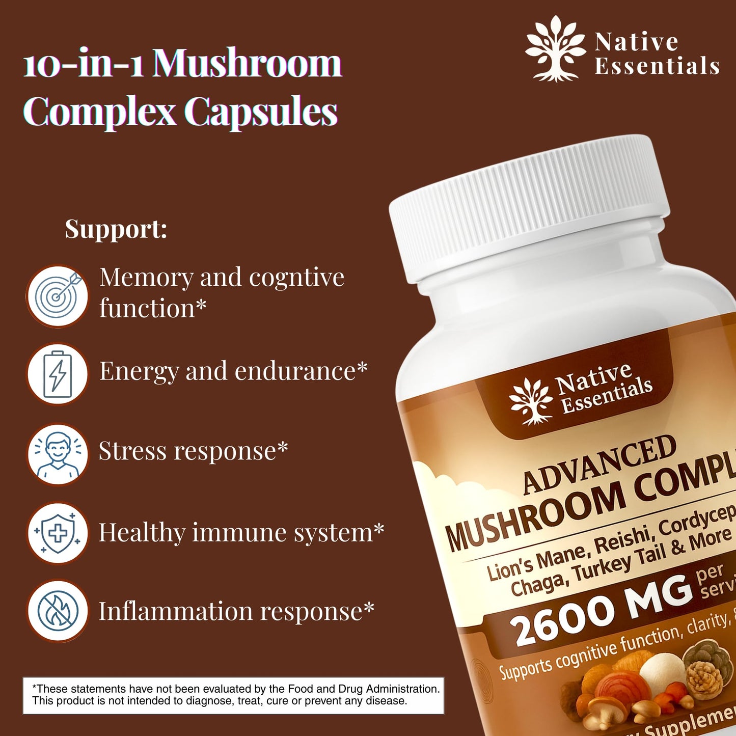 Native Essentials 10-in-1 Mushroom Complex with Lions Mane, Reishi, Cordyceps - 2600mg Focus Energy Immune Support, 90 Capsules
