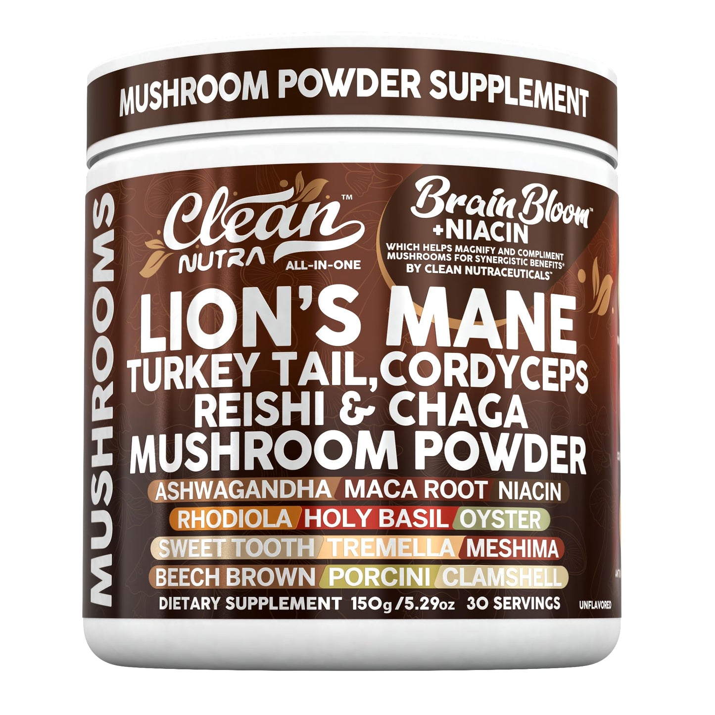 Clean Nutraceuticals Lion's Mane Turkey Tail Cordyceps Reishi Chaga Mushroom Powder 5.29 Ounce