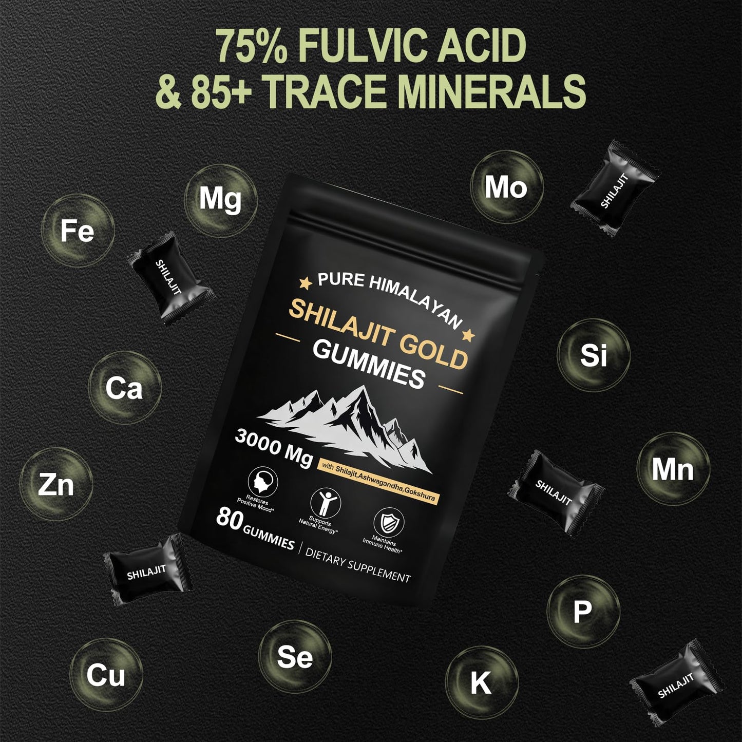 Tideon Shilajit Gummies for Men & Women, Rich in Ashwagandha Gaulshura Fulvic Acid 85 Micronutrients, No Added Sugar Non-GMO 100% Natural Organic, Energy Support & Overall Health, 80 Gummies