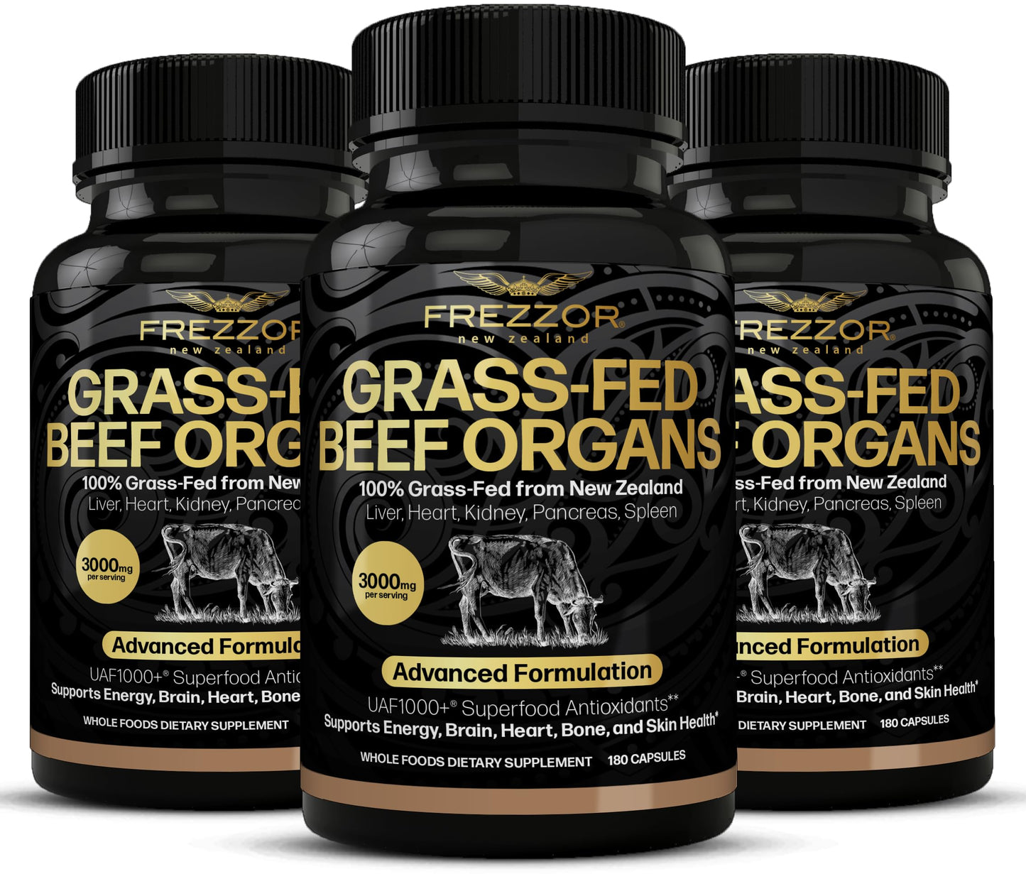 FREZZOR New Zealand 100% Live-Grass-Fed Beef Organs Complex Capsules, 540 Capsules