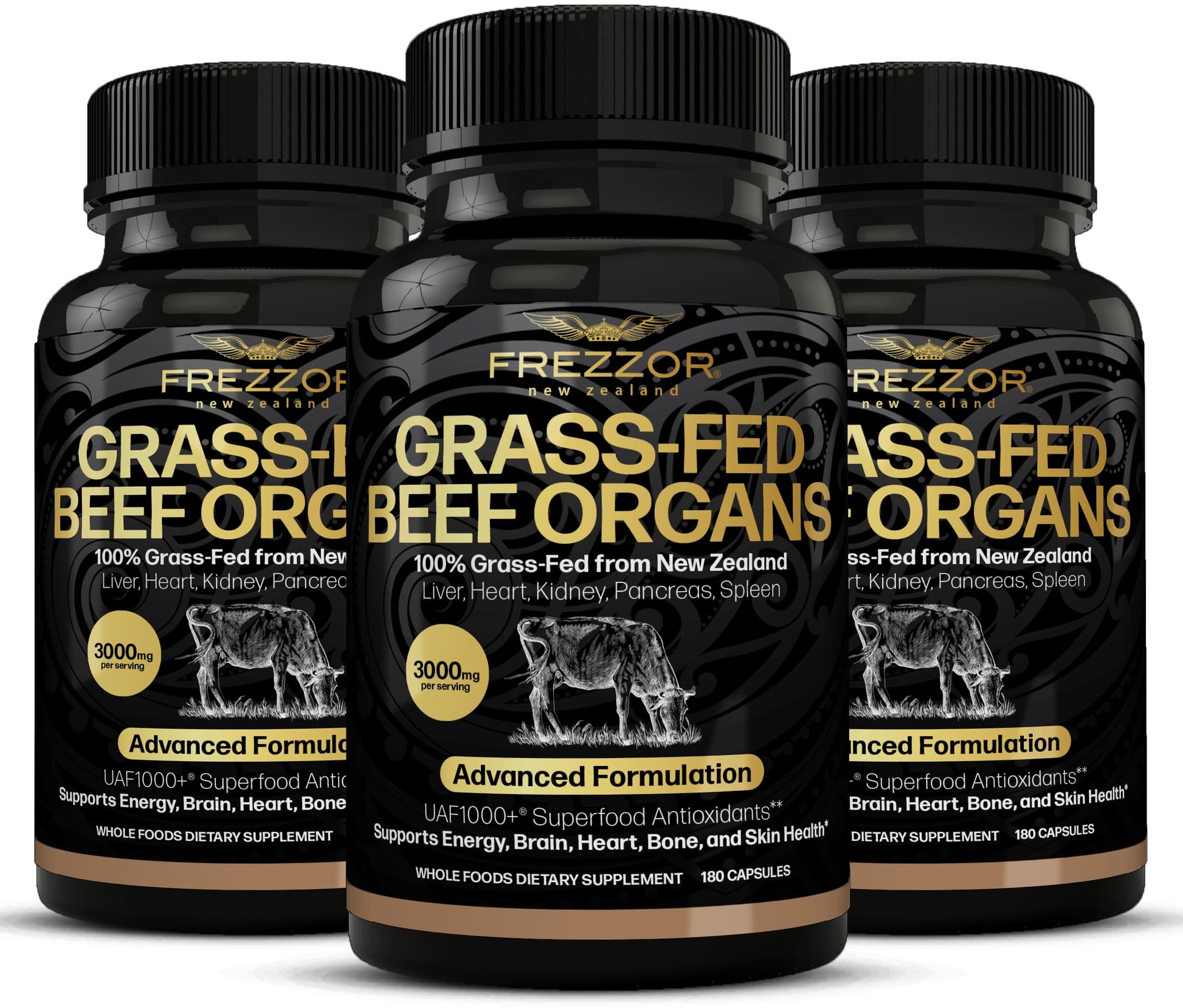 FREZZOR New Zealand 100% Live-Grass-Fed Beef Organs Complex Capsules, 540 Capsules