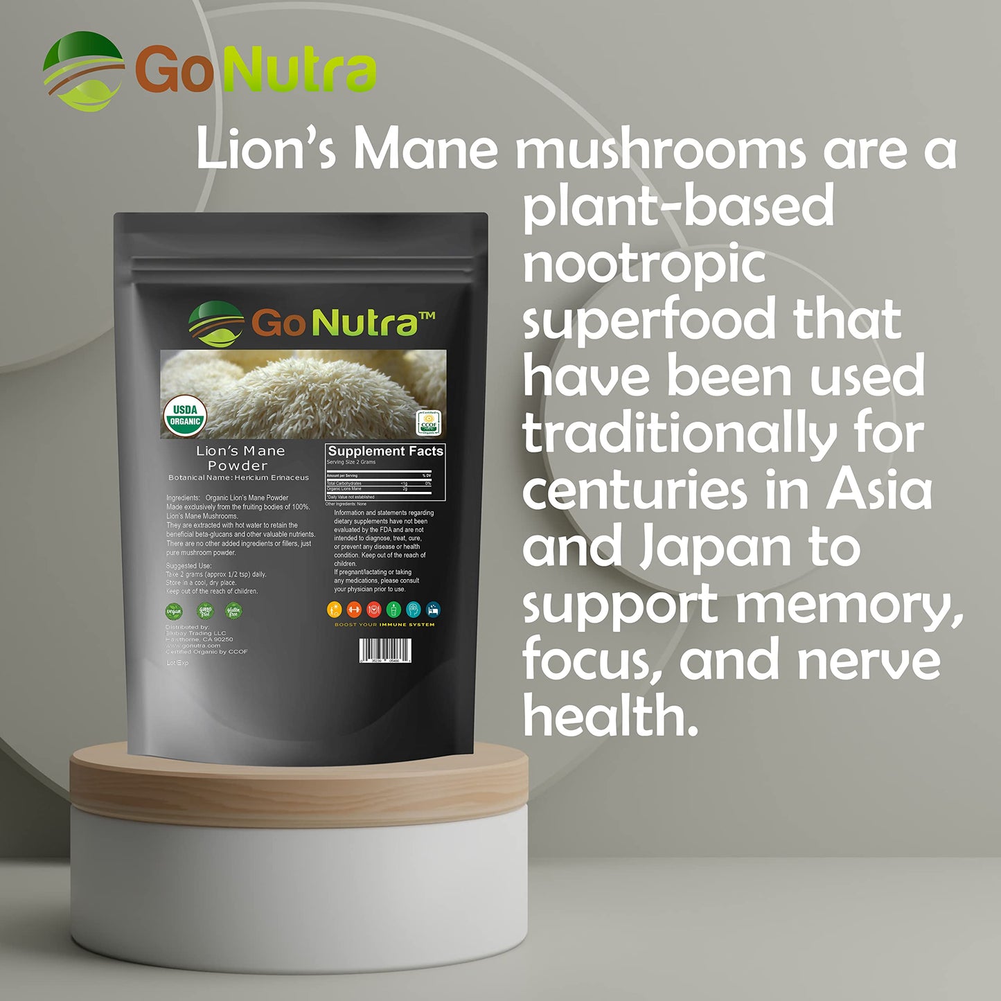 Go Nutra Organic Lions Mane Mushroom Powder 8 oz