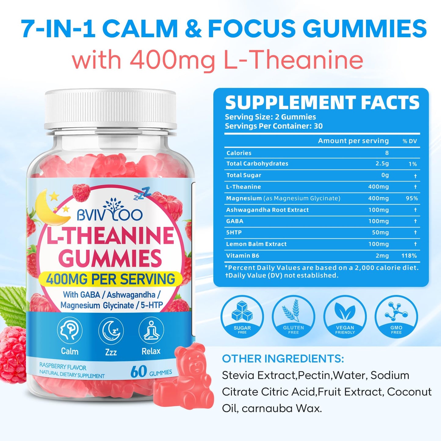 BVIVLOO L-Theanine Gummies with Ashwagandha, GABA, 5-HTP & Magnesium Glycinate for Calm & Relaxation, Vegan Raspberry Flavor, 2 Count