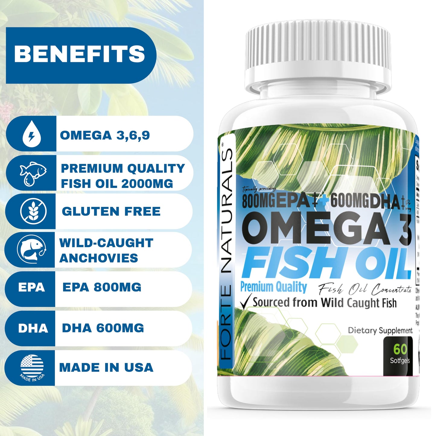 FORTE NATURALS Omega-3 Fish Oil 2000mg High Potency 800mg EPA DHA 600mg Burpless Tablet, 60 Count