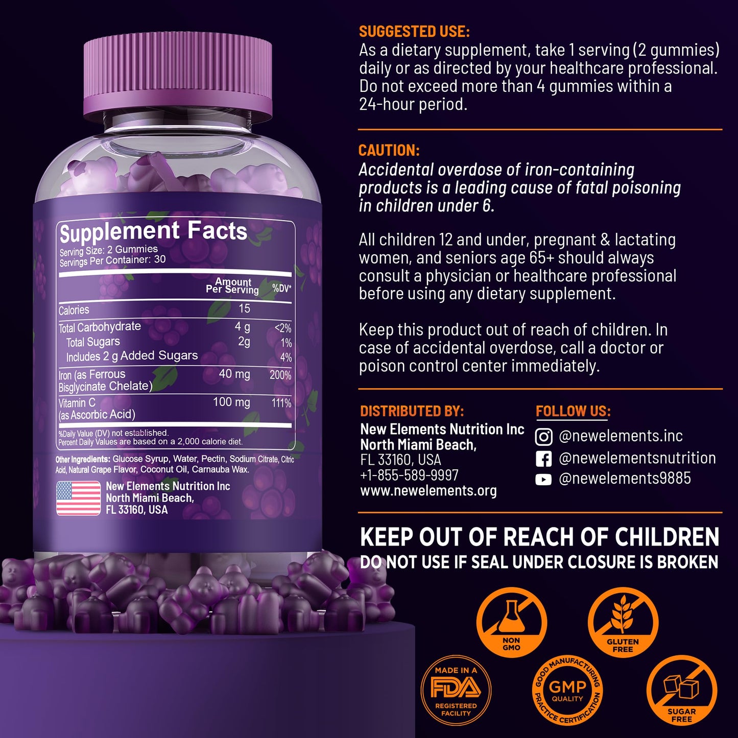 New Elements Iron Gummies 40mg with Vitamin C 100mg Gummy, 60 Count