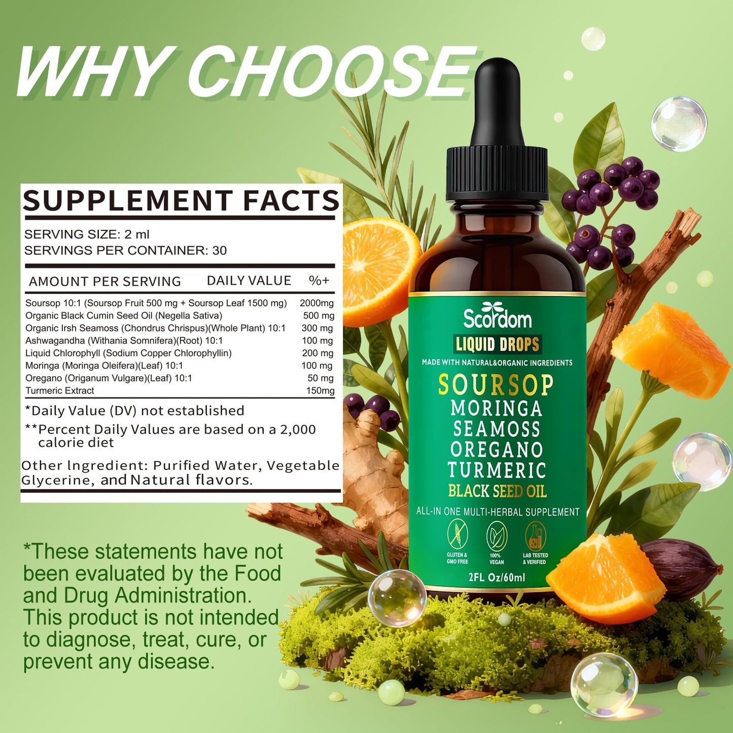 SCORDOM Soursop Bitters 10-in-1 with Sea Moss, Turmeric, Moringa, Black Seed Oil, Oregano, Ashwagandha & Herbal Extracts Capsule 1 Count