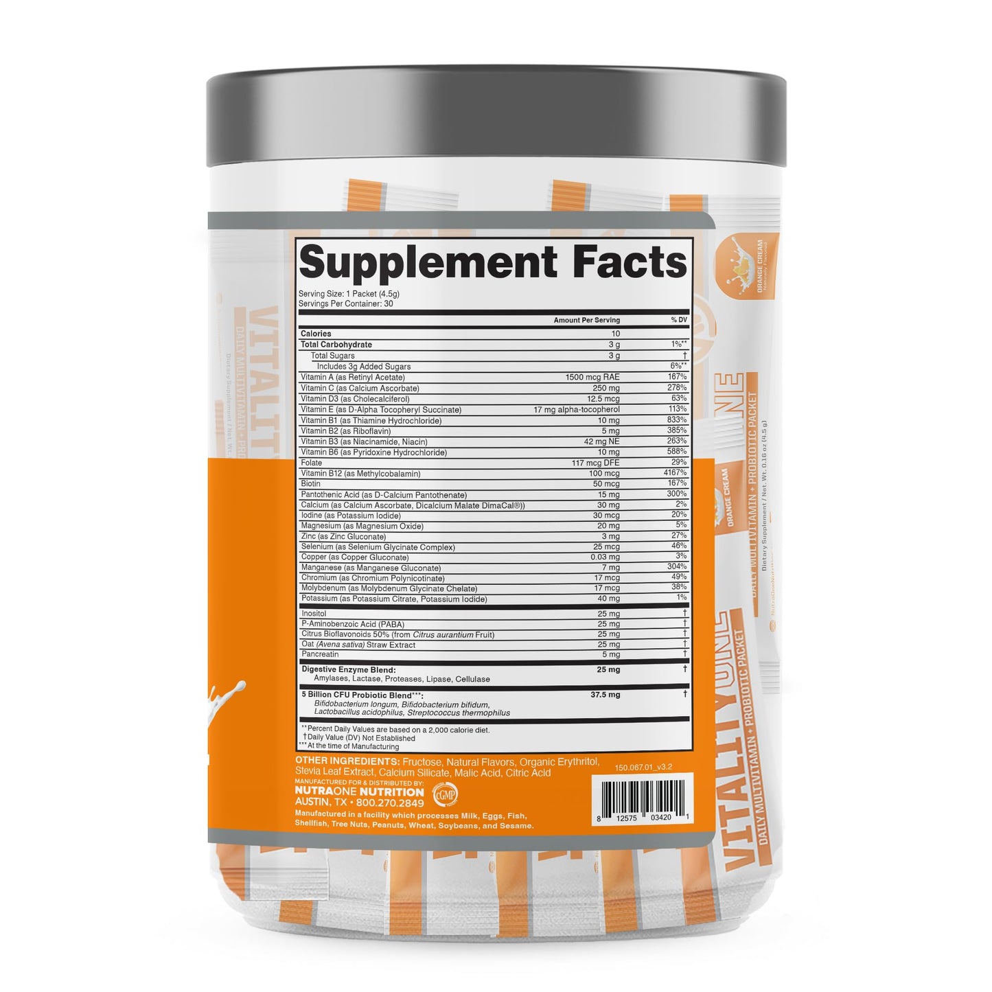NutraOne VitalityOne On The Go Complete Multivitamin, Probiotic and Enzyme Blend Orange Cream Powder 4.76 Ounce