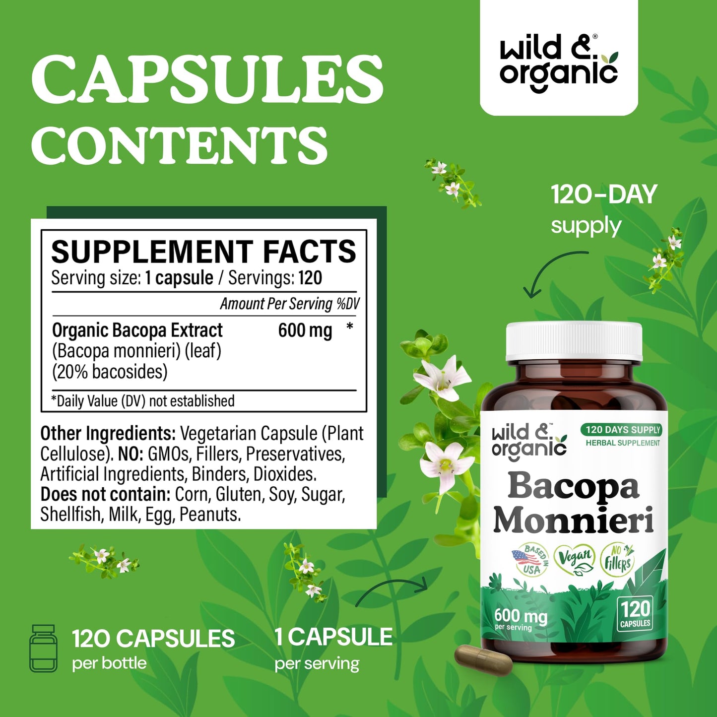 Wild & Organic Bacopa Monnieri Capsules 120 Count