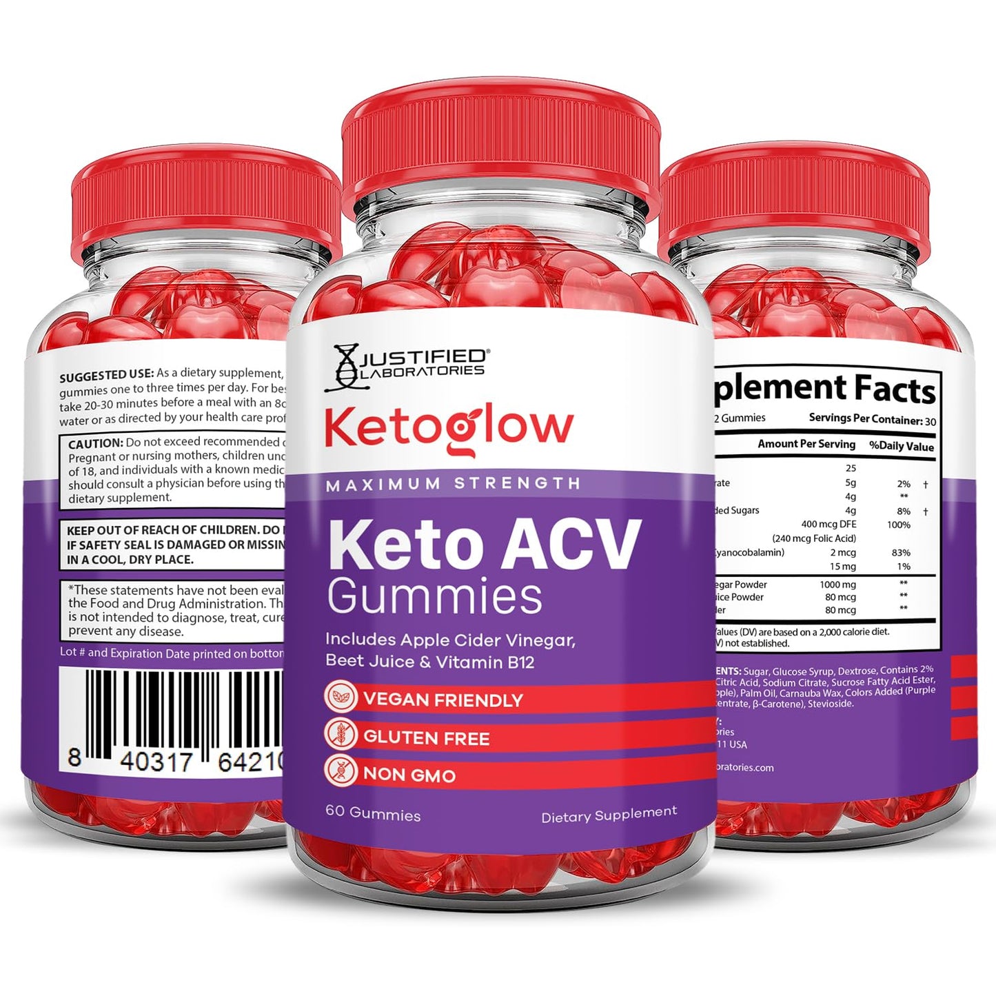 Justified Laboratories Keto Glow ACV Gummies Advanced Formula 1000MG, Apple Cider Vinegar, Pomegranate Beet Juice Powder, B12, Vegan, Non-GMO, 300 Gummies