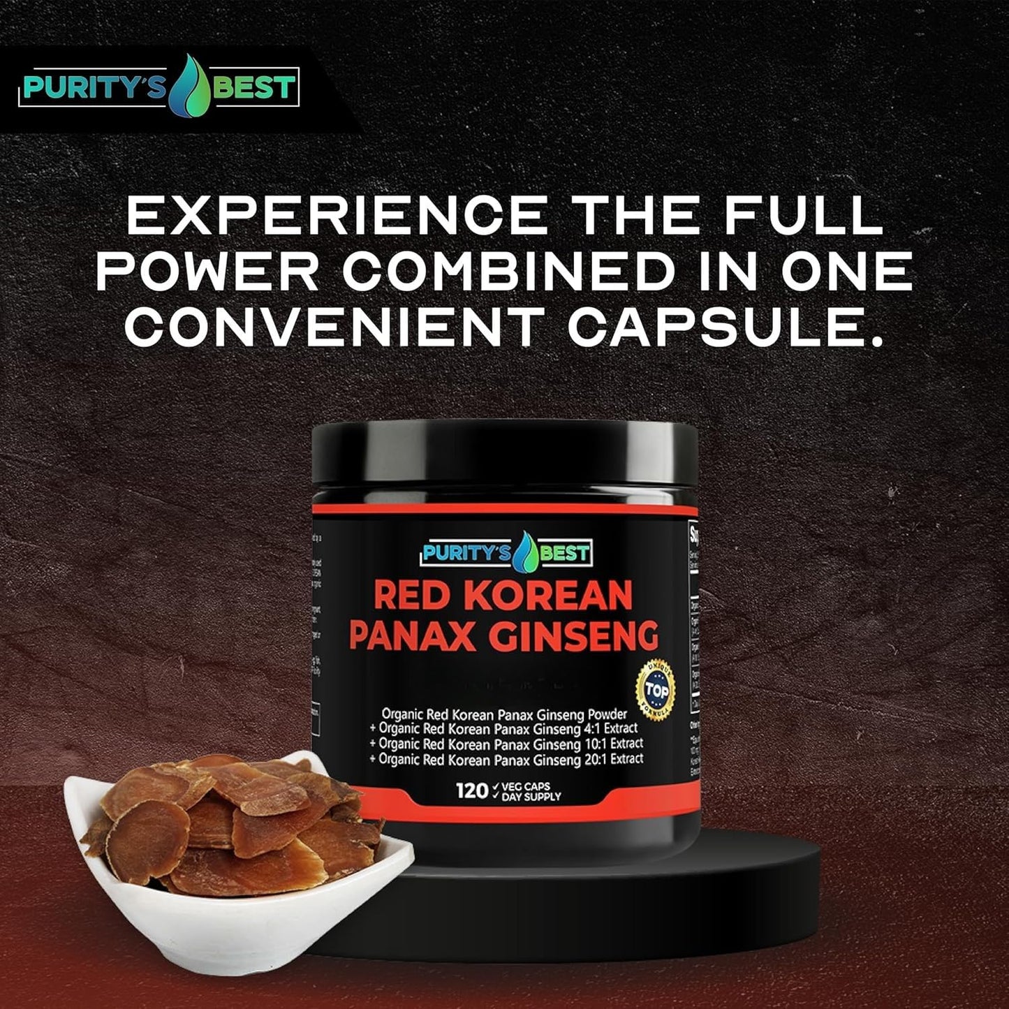 Purity`s Best Red Korean Panax Ginseng – 5% Ginsenosides – Herbal Supplement – 120 Veggie Capsules
