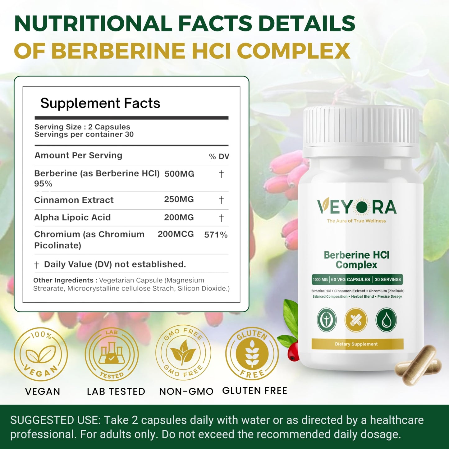 VEYORA Berberine HCl Complex 1000 mg, 60 Vegan Capsules