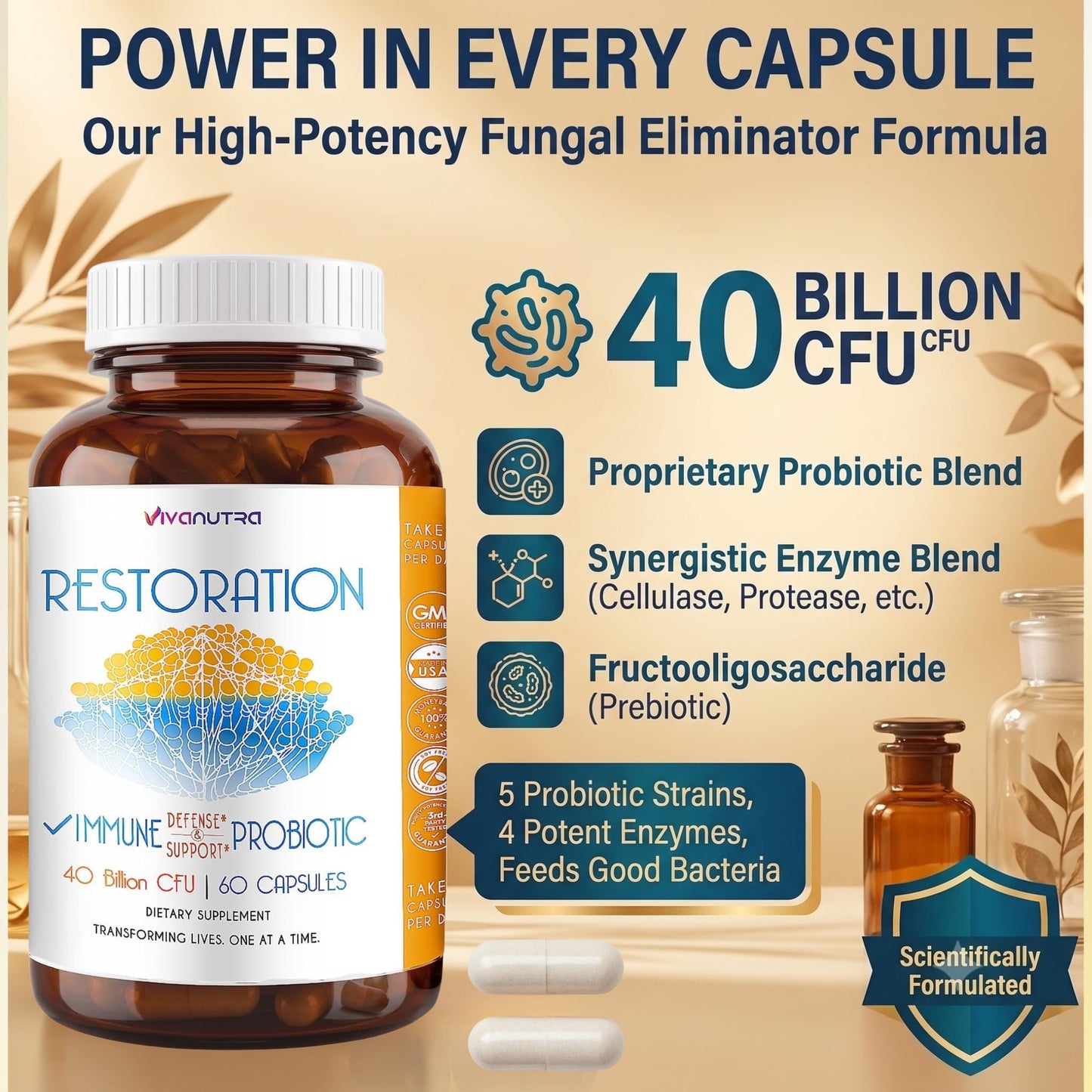VIVANUTRA Restoration Probiotic Nail Fungus Supplement Extra Strength Capsules 60 Count